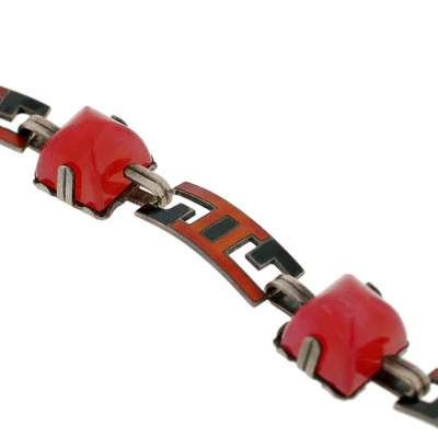 Art Deco Sterling Enamel & Faux Carnelian Link Bracelet - Image 5