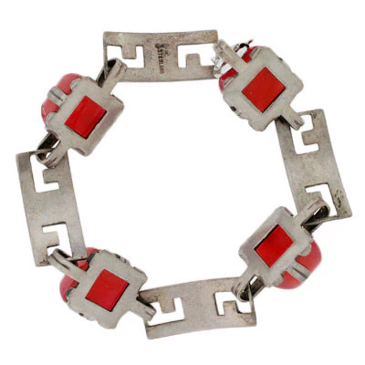 Art Deco Sterling Enamel & Faux Carnelian Link Bracelet - Image 6