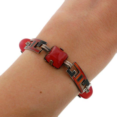 Art Deco Sterling Enamel & Faux Carnelian Link Bracelet - Image 8