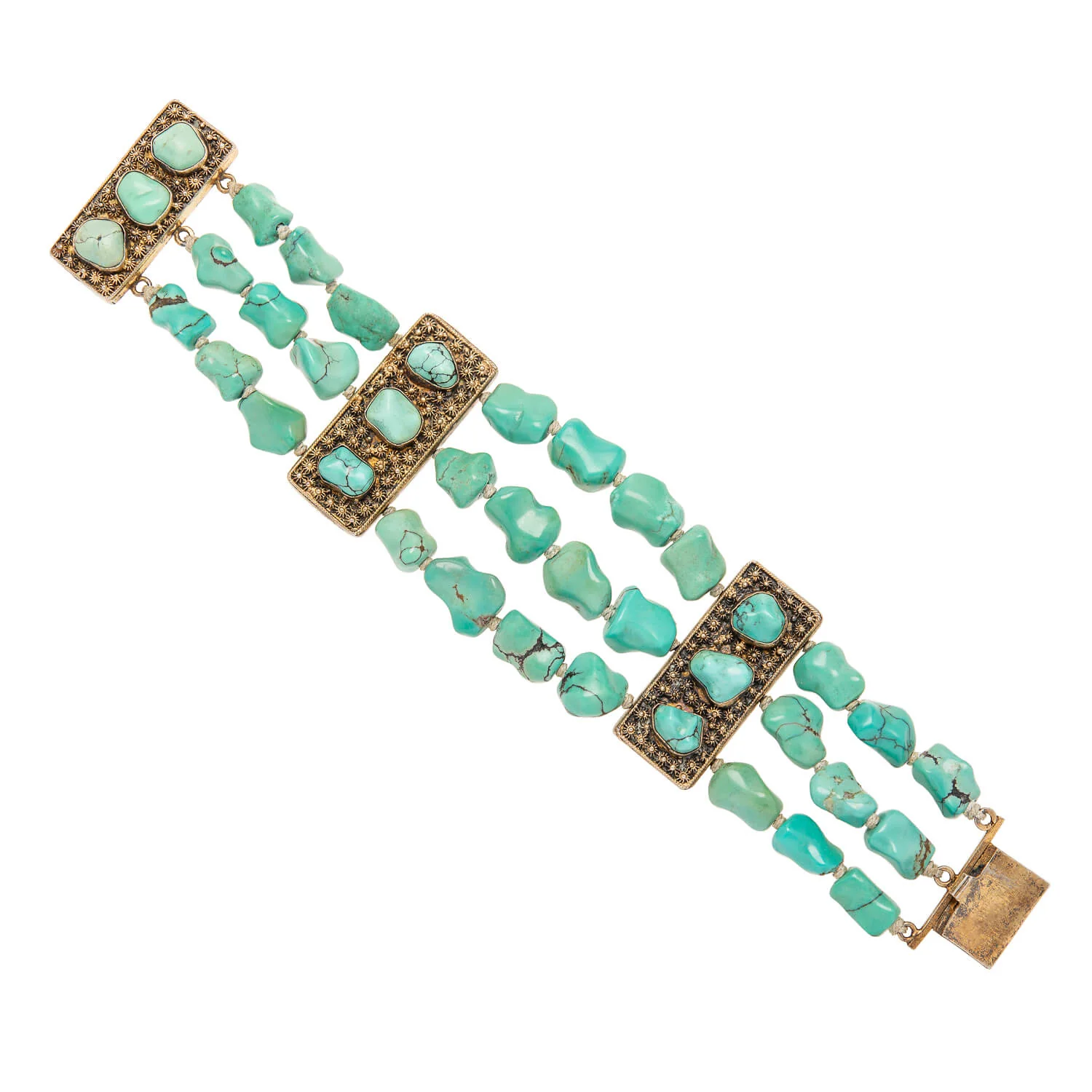 Art Deco Sterling Gilt Turquoise Nugget Bracelet - Image 2