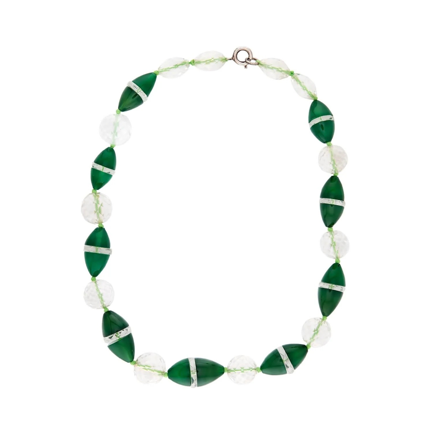 Art Deco Sterling Silver Chrysoprase and Rock Quartz Crystal Bead Necklace 16" - Image 2