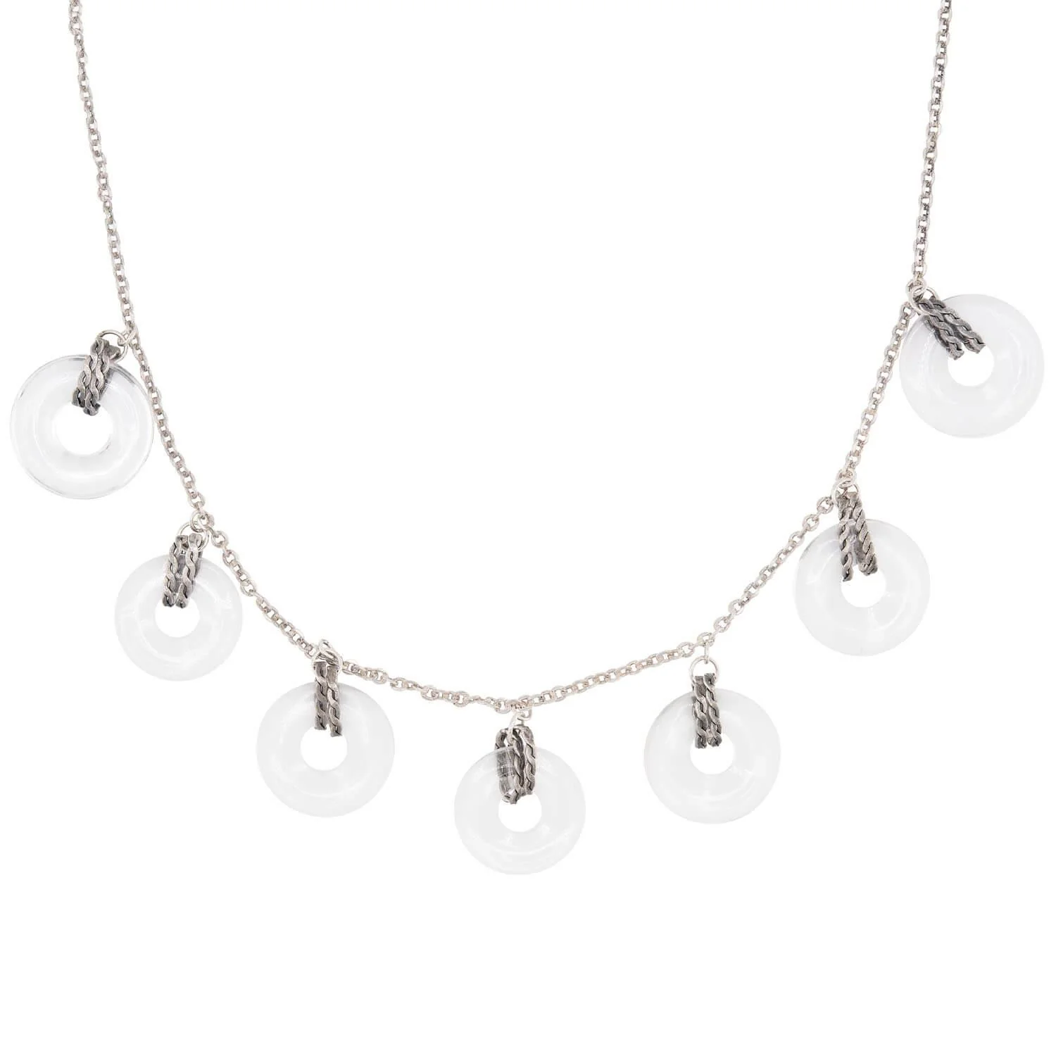 Art Deco Sterling Silver Rock Quartz Crystal Disc Festoon Necklace