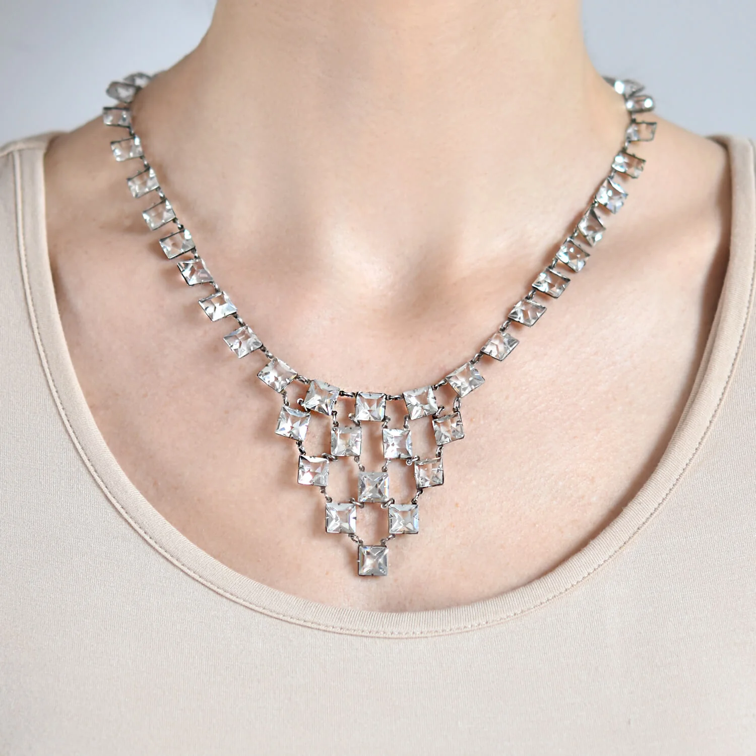 Art Deco Sterling Silver Square Cut Crystal Festoon Necklace - Image 7
