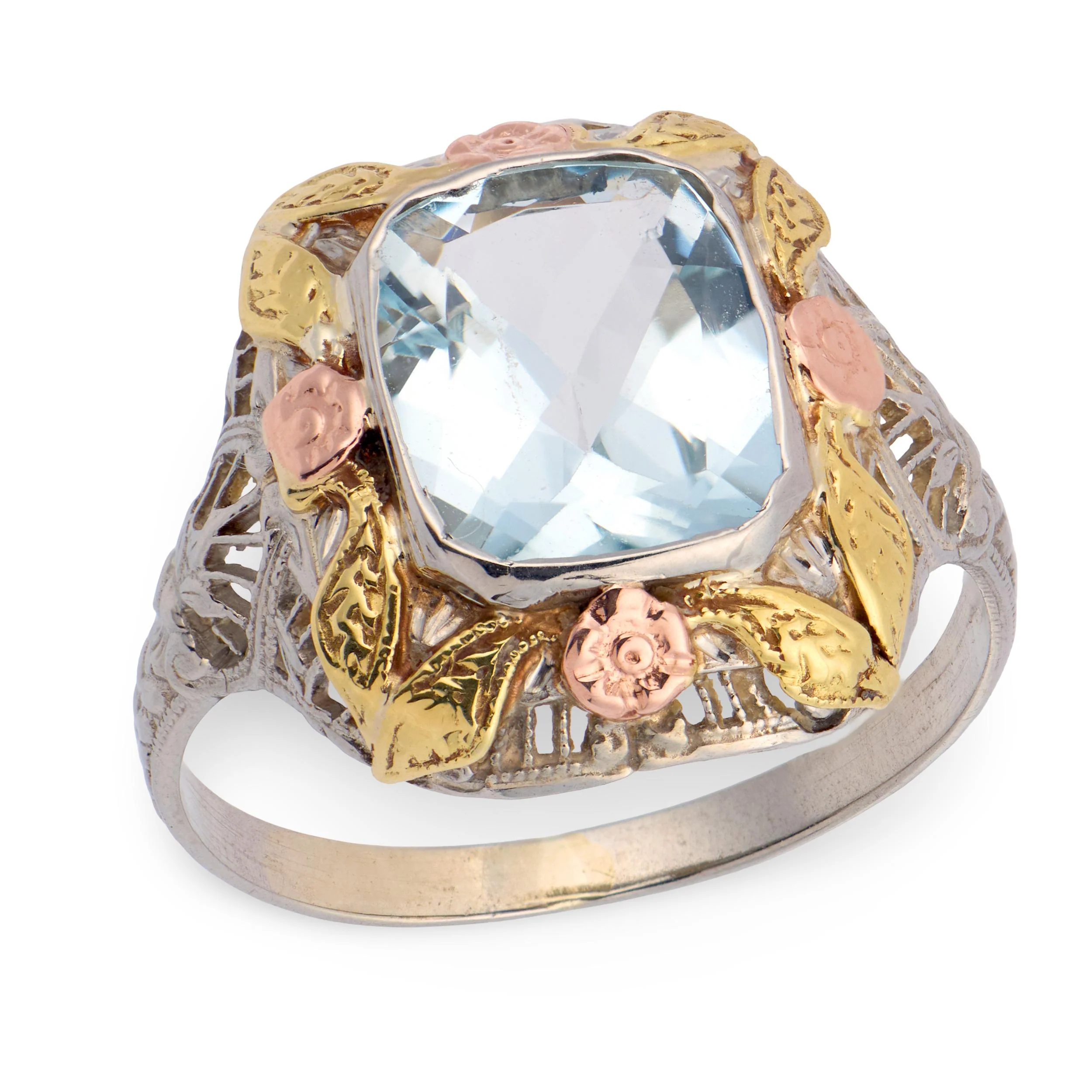 Art Nouveau Mixed Metal 10k 3.50ct Aqua Ring