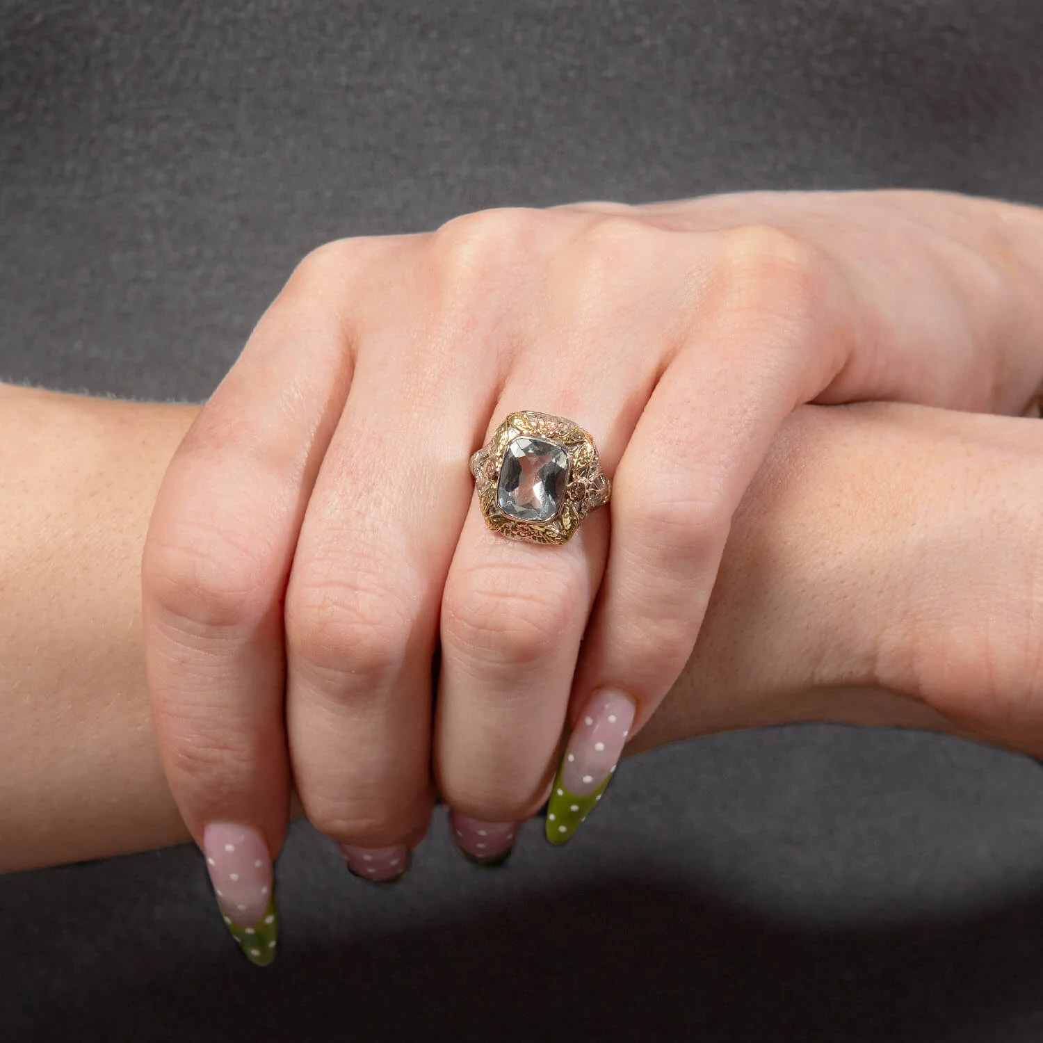 Art Nouveau Mixed Metal 10k 3.50ct Aqua Ring - Image 6
