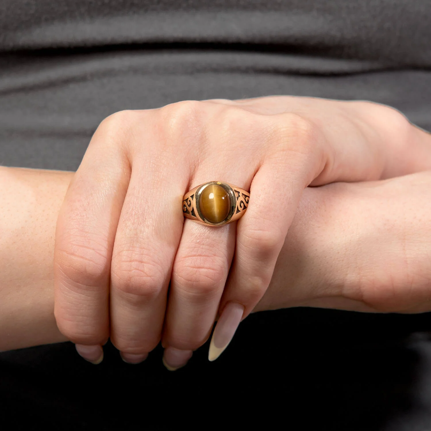Art Nouveau 10k Cat's Eye Chrysoberyl Ring - Image 6