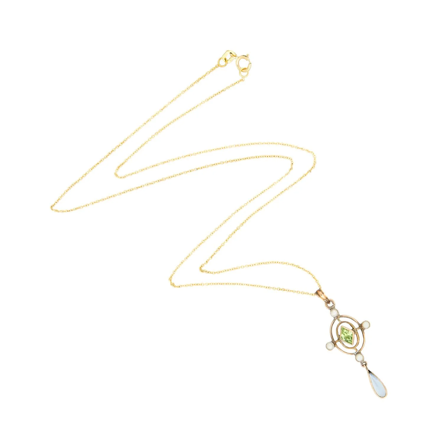 Art Nouveau 10k Lavalier Peridot, Moonstone, and Pearl Necklace - Image 2