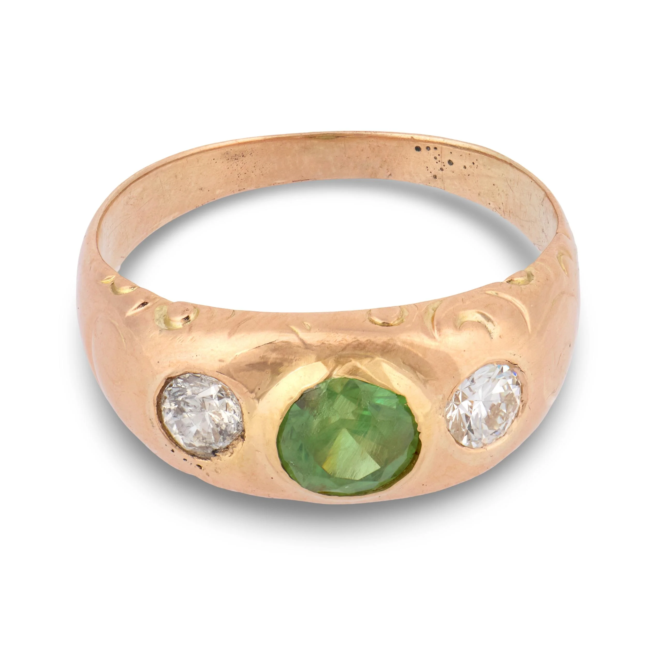 Art Nouveau 14k Demantoid Garnet & Diamond Three Stone Ring - Image 2