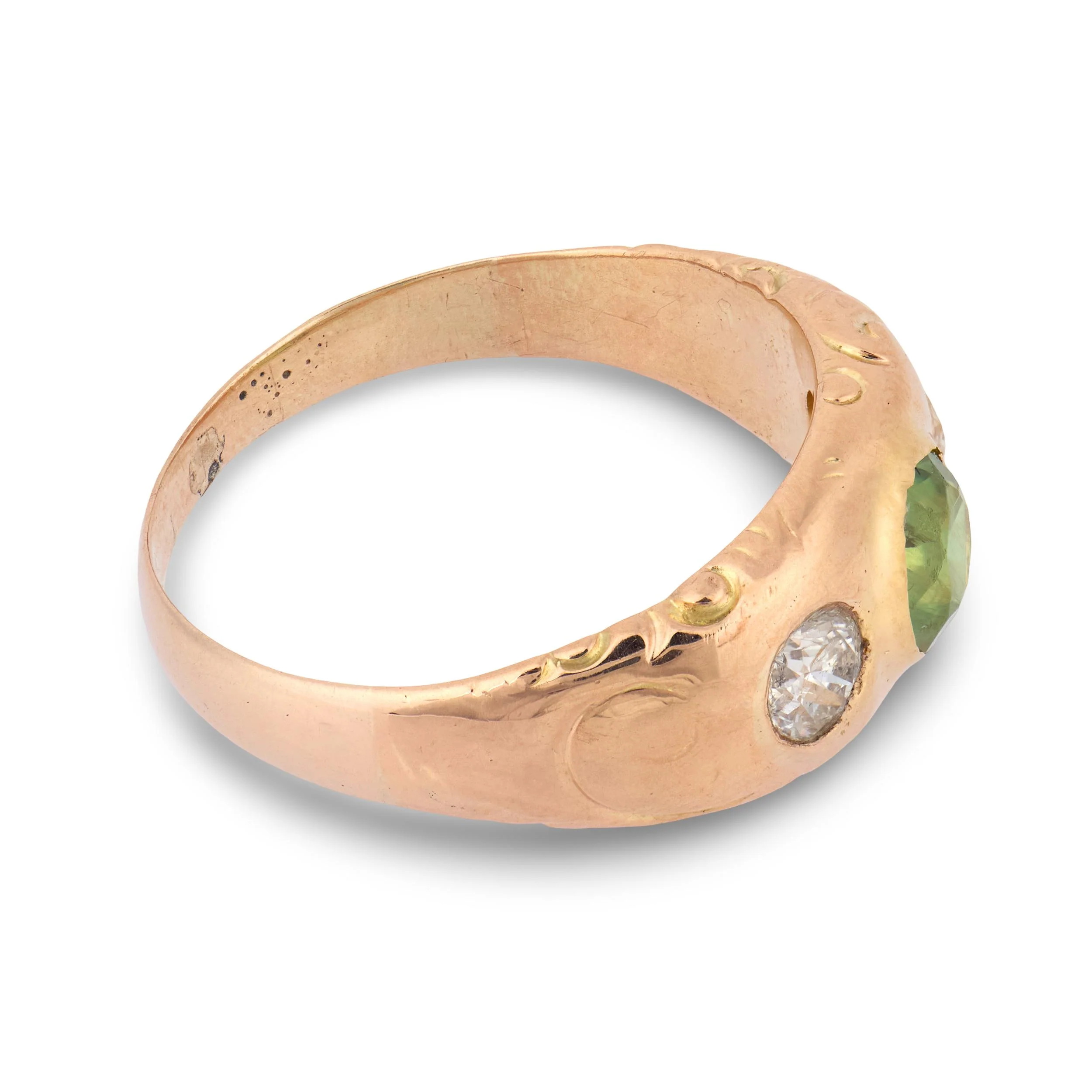 Art Nouveau 14k Demantoid Garnet & Diamond Three Stone Ring - Image 3