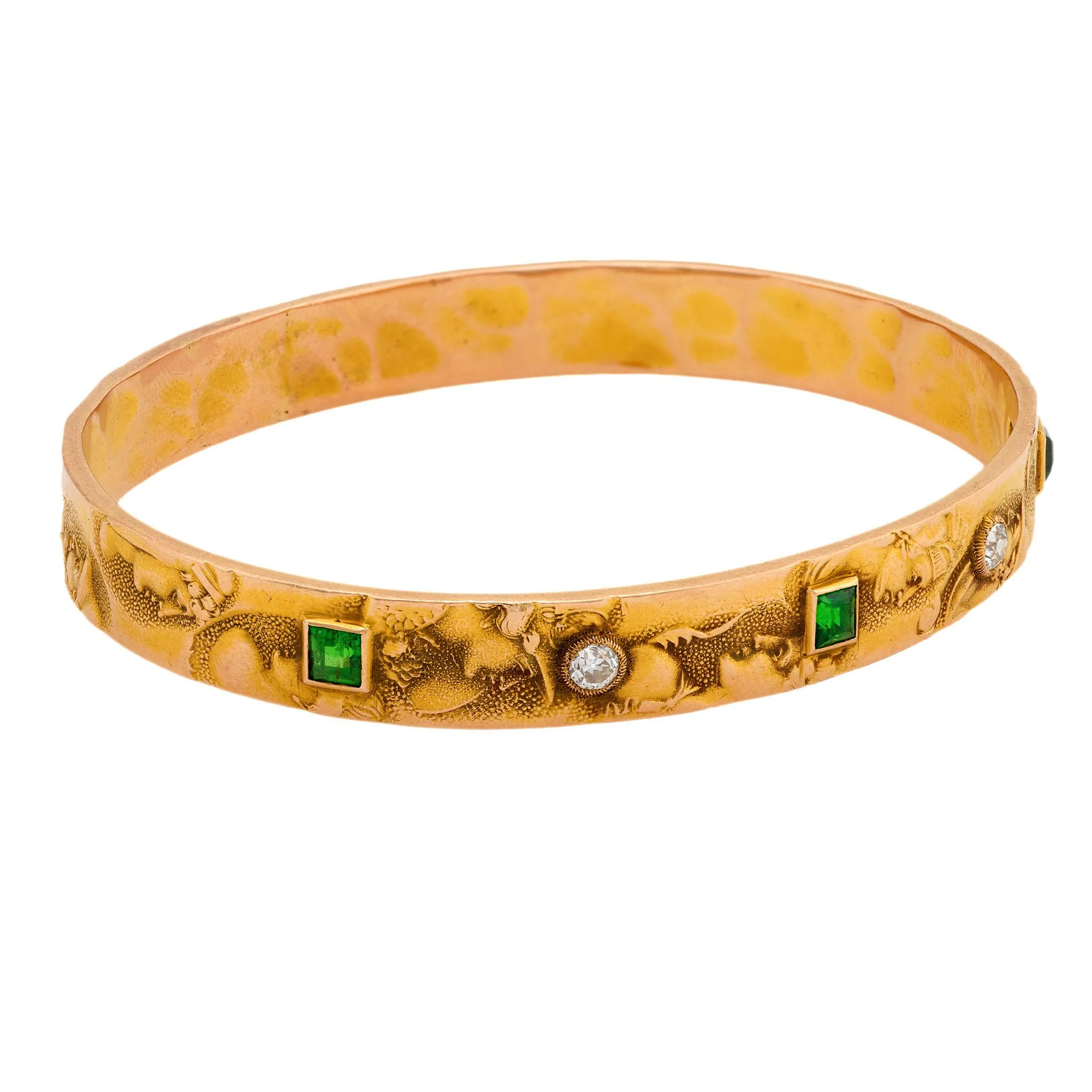 Art Nouveau 14k Diamond & Demantoid Repousse Bangle - Image 2