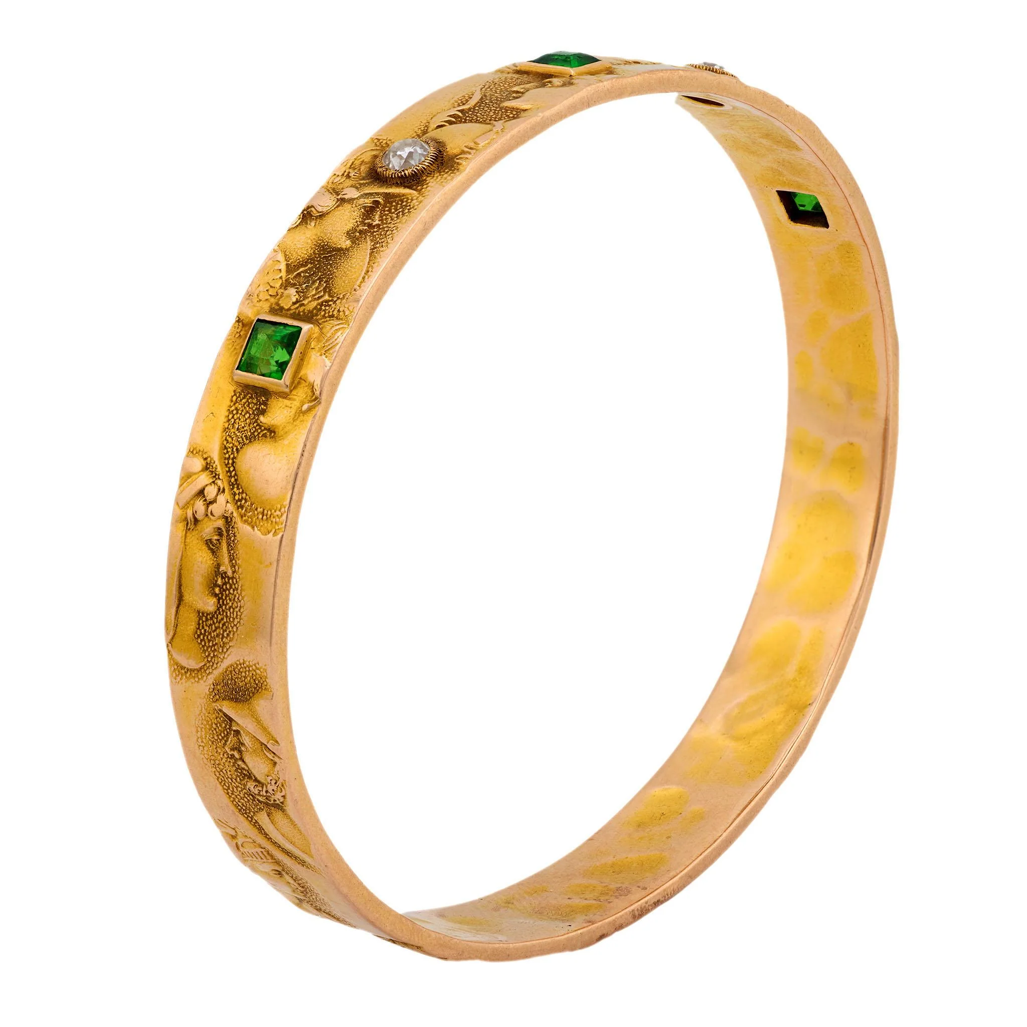 Art Nouveau 14k Diamond & Demantoid Repousse Bangle - Image 3