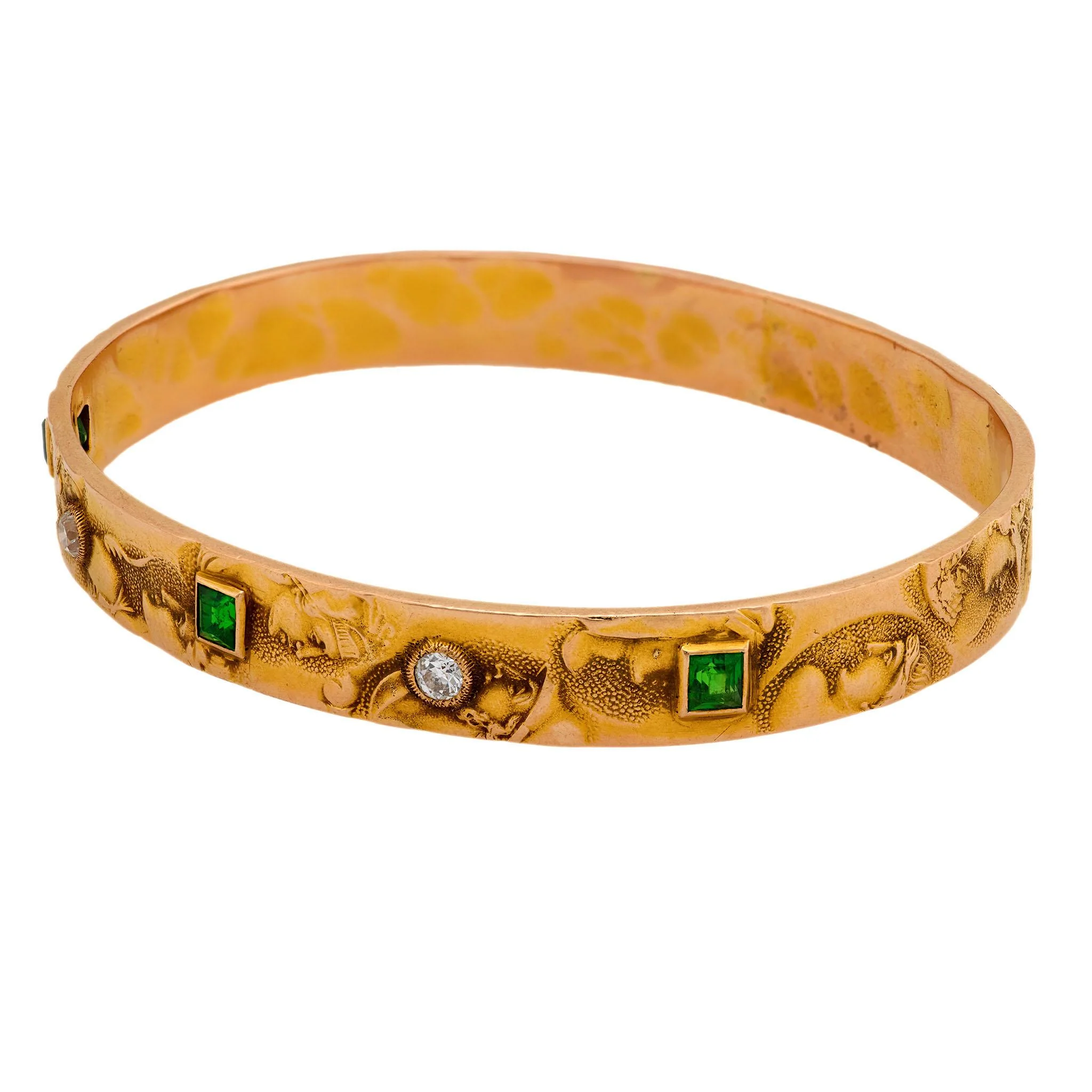 Art Nouveau 14k Diamond & Demantoid Repousse Bangle - Image 4