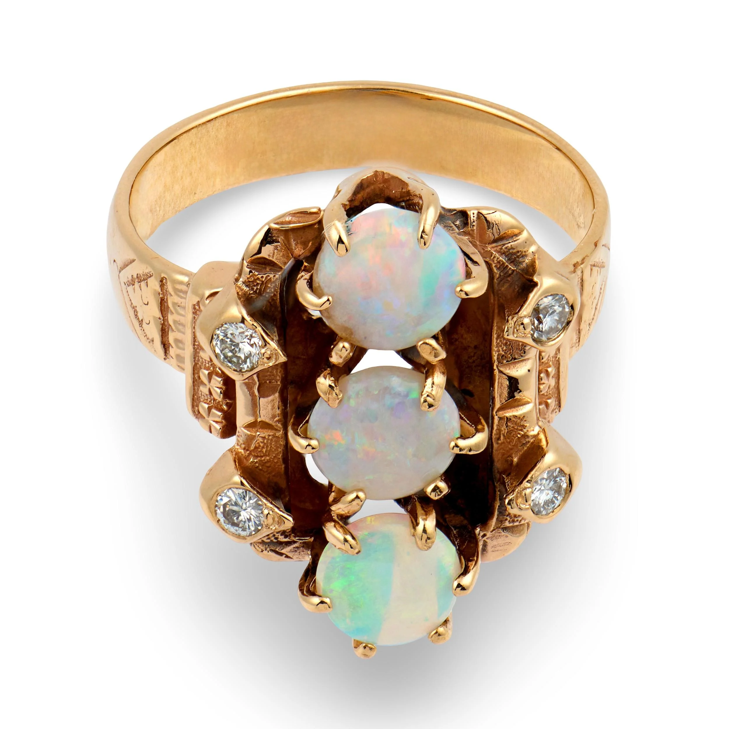 Art Nouveau 14k Opal & Diamond Navette Ring - Image 2