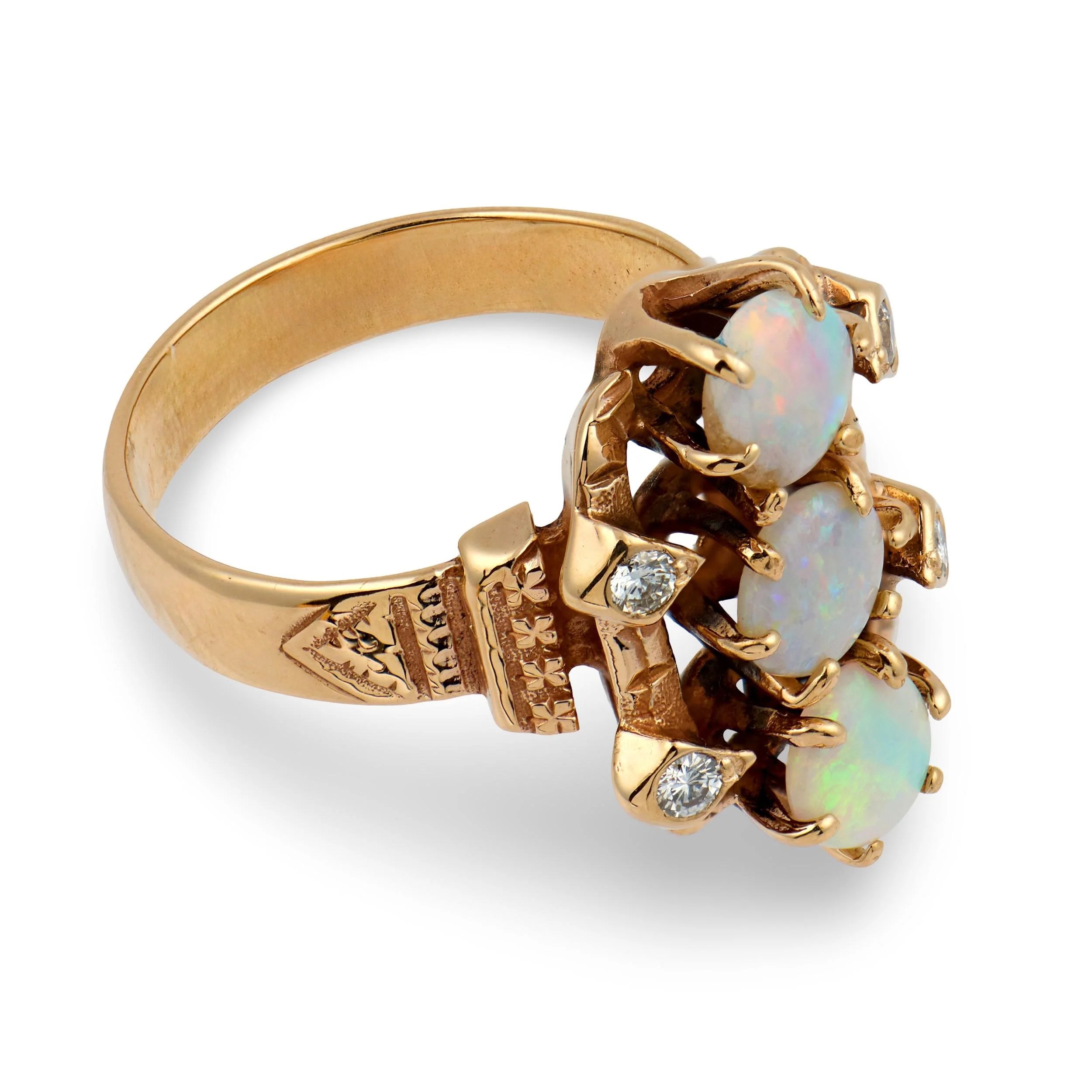 Art Nouveau 14k Opal & Diamond Navette Ring - Image 3