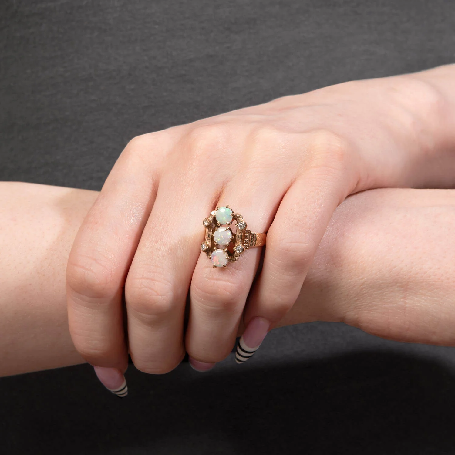 Art Nouveau 14k Opal & Diamond Navette Ring - Image 6