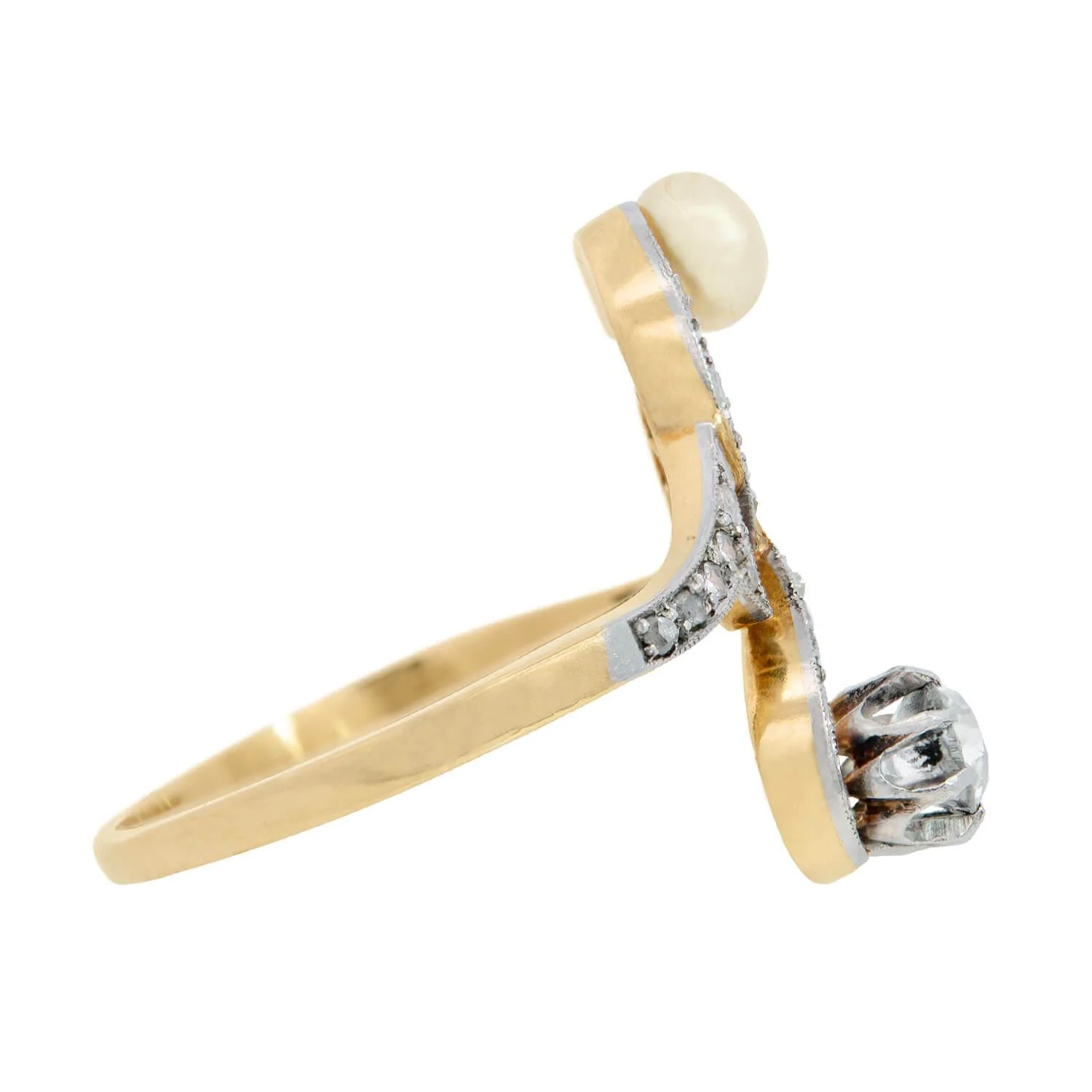 Art Nouveau 14k/Platinum Pearl and Diamond Moi Et Toi Ring - Image 3