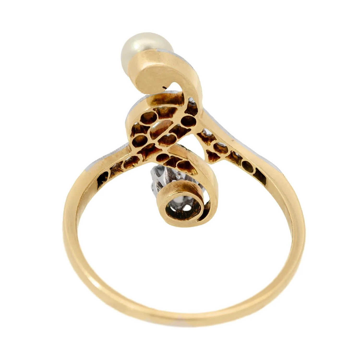 Art Nouveau 14k/Platinum Pearl and Diamond Moi Et Toi Ring - Image 5