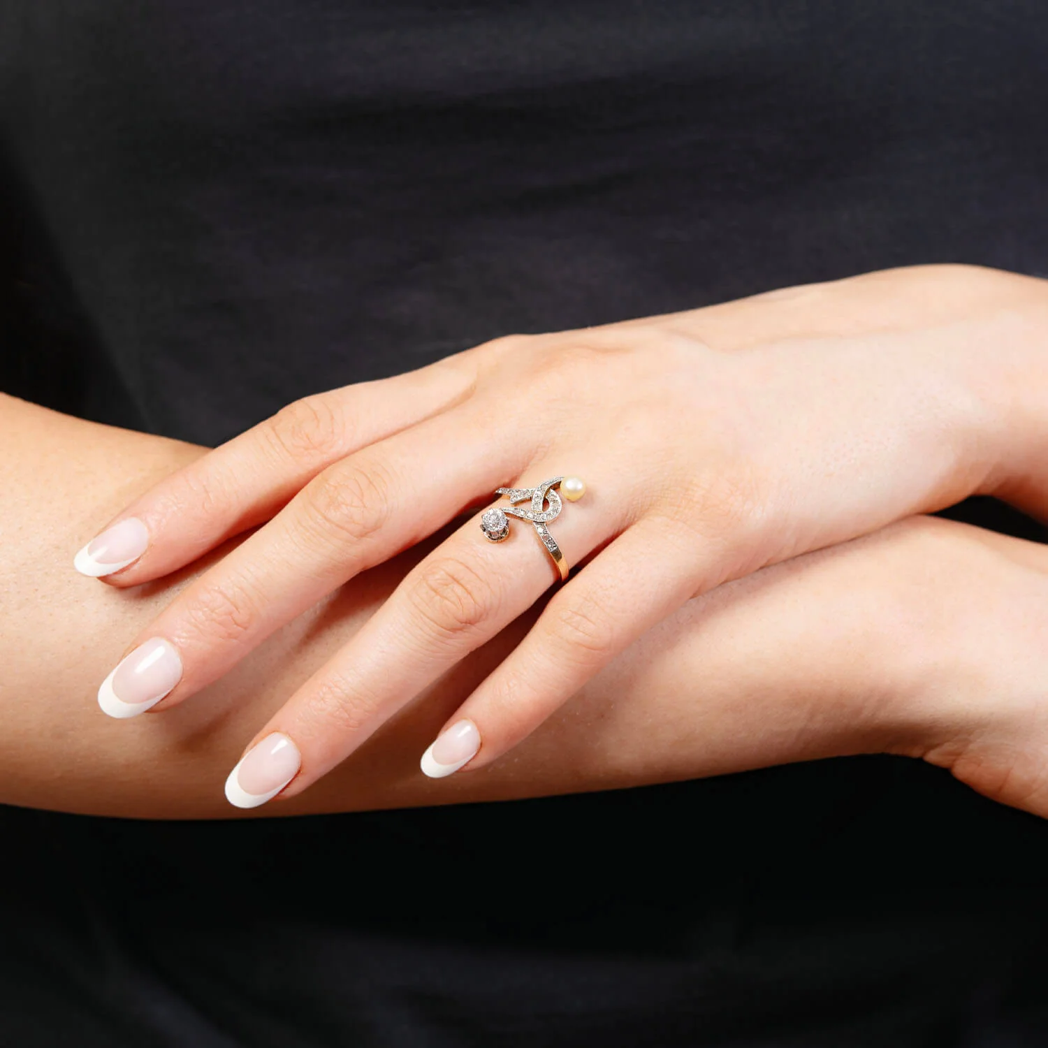 Art Nouveau 14k/Platinum Pearl and Diamond Moi Et Toi Ring - Image 6