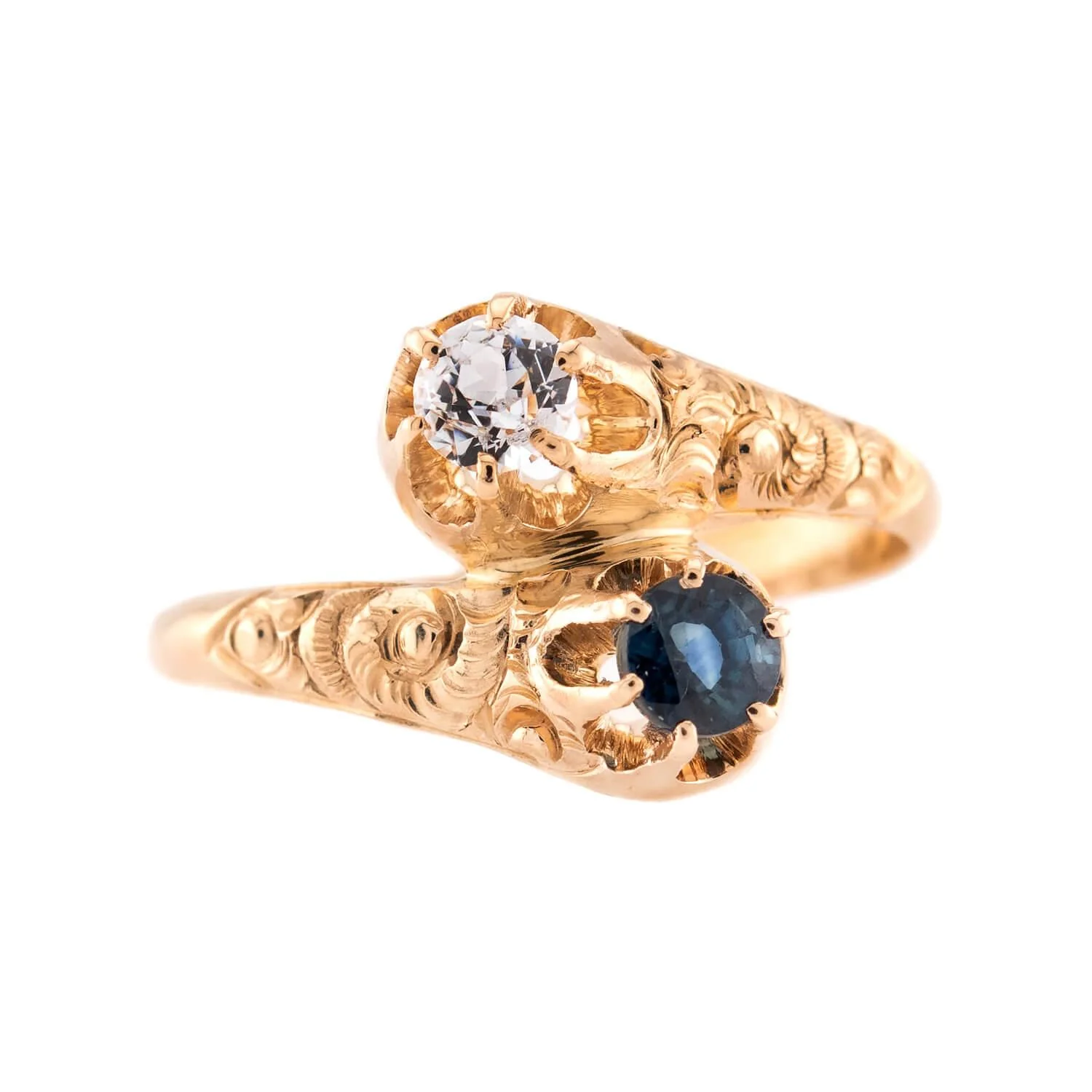 Art Nouveau 14k Sapphire & Diamond Moi et Toi Ring - Image 2