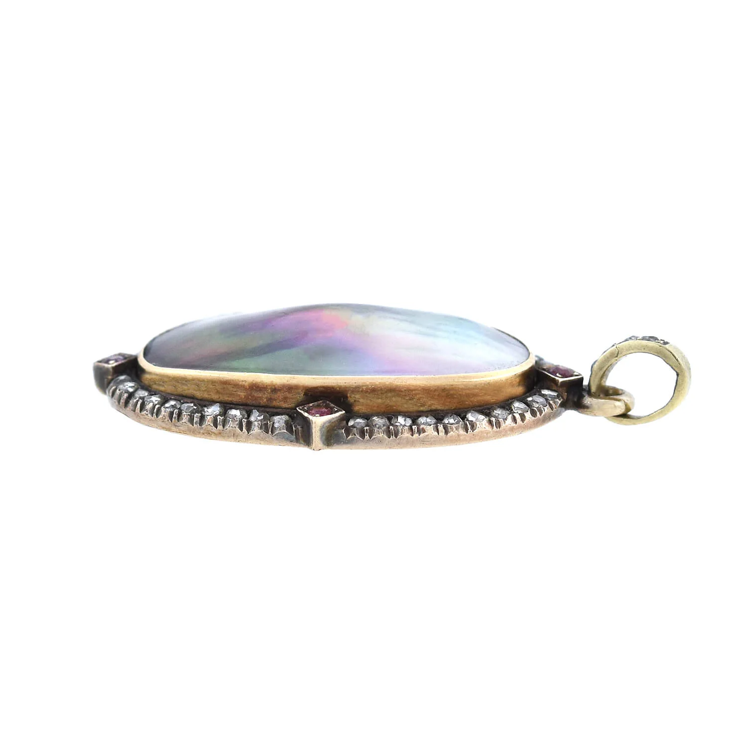 Art Nouveau 14kt Diamond + Ruby Abalone Shell Pendant - Image 3