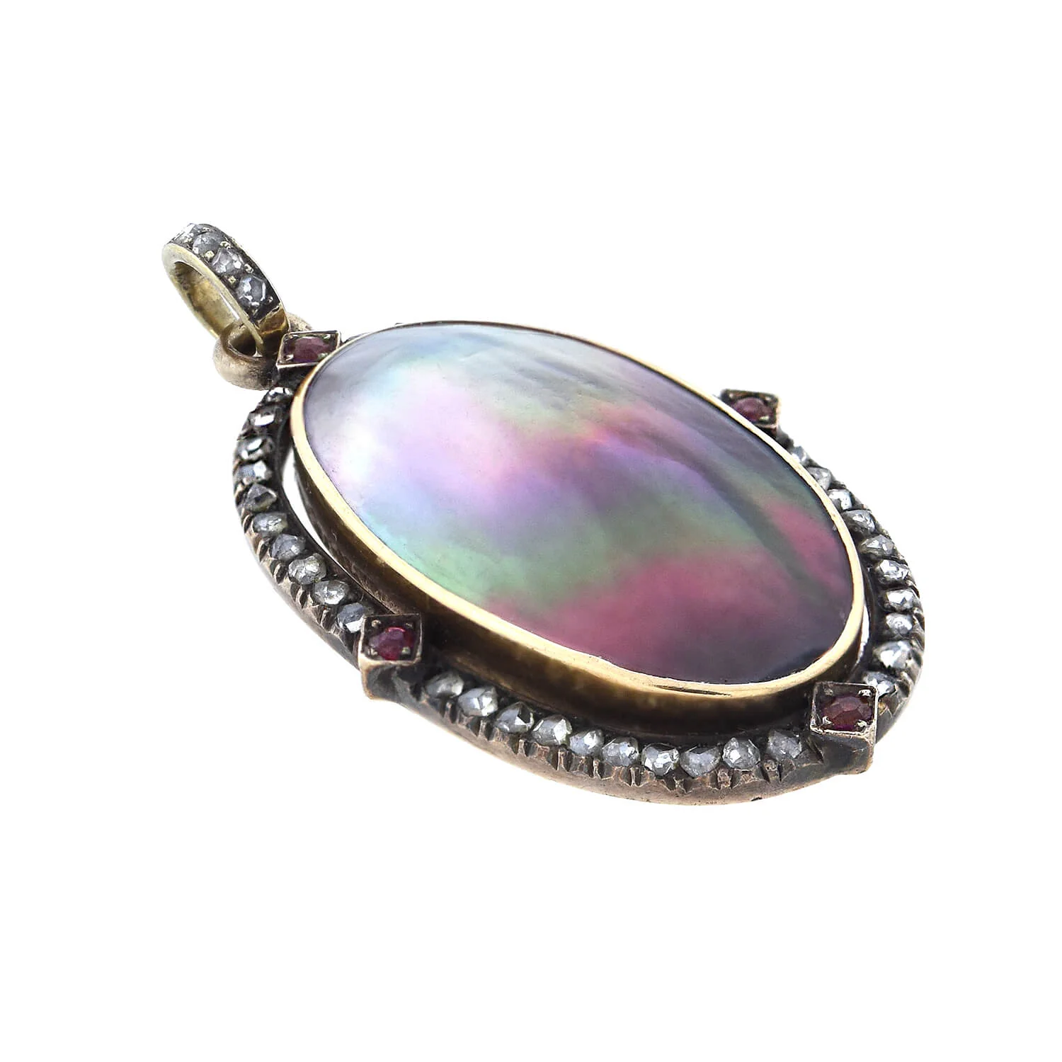 Art Nouveau 14kt Diamond + Ruby Abalone Shell Pendant - Image 4