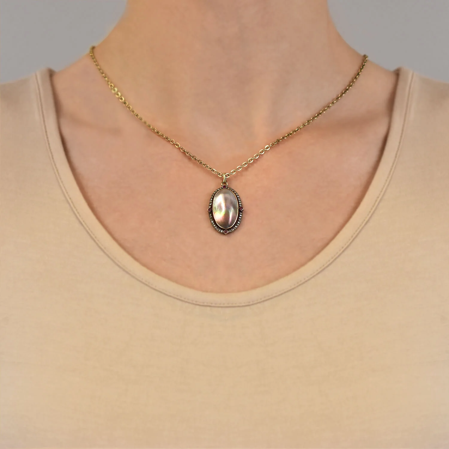 Art Nouveau 14kt Diamond + Ruby Abalone Shell Pendant - Image 6