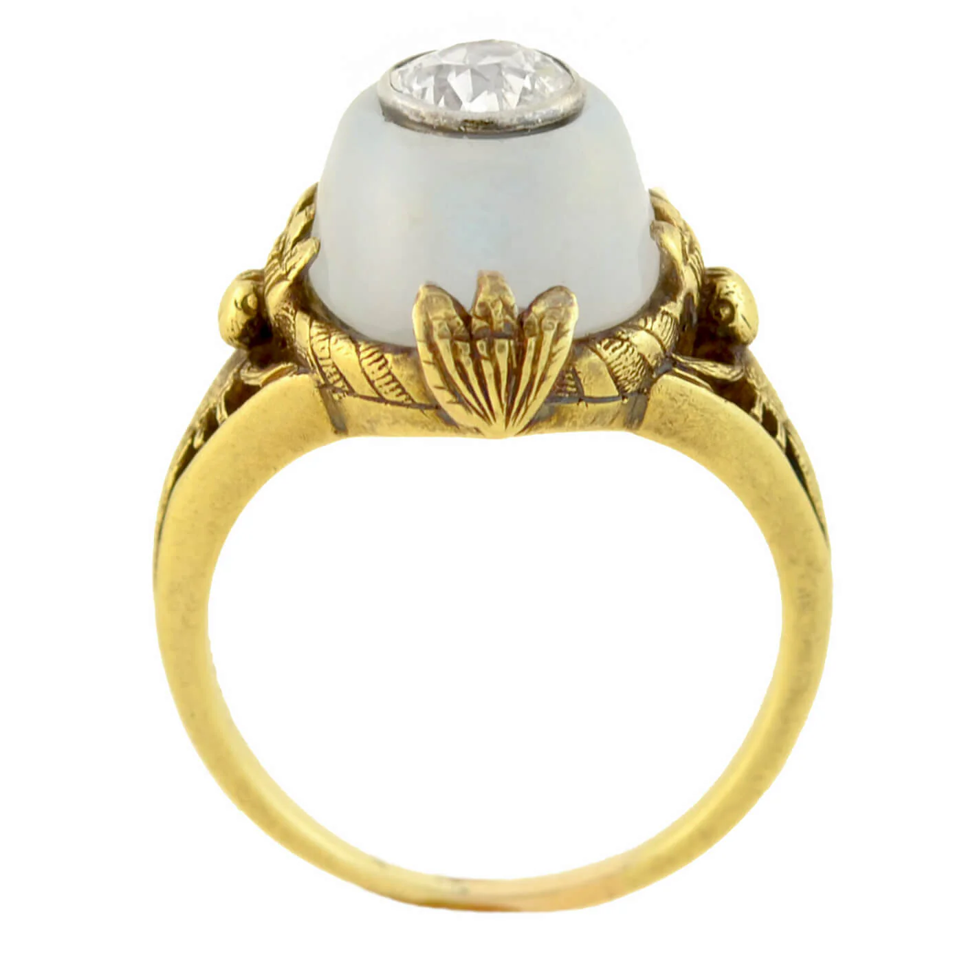 Art Nouveau 14kt Moonstone + Diamond Dragonfly Motif Ring 0.80ct center - Image 3