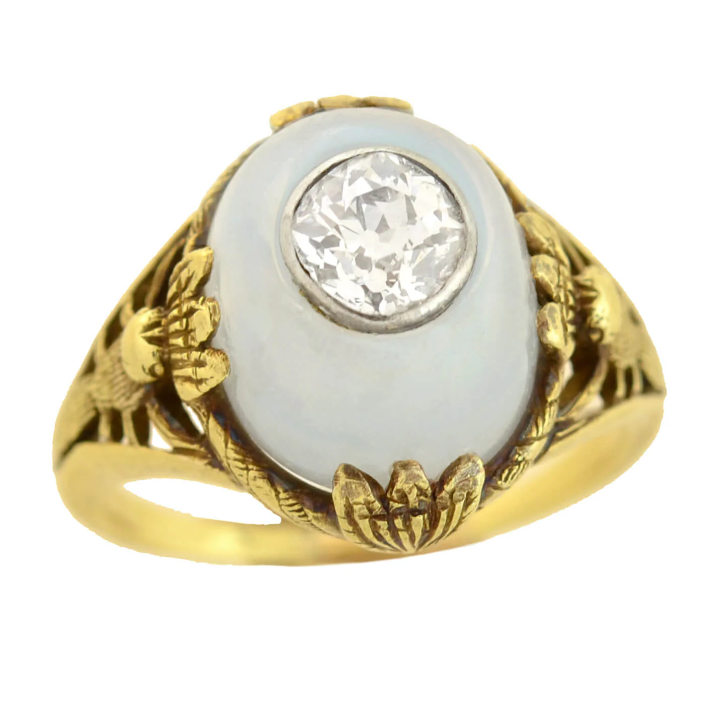 Art Nouveau 14kt Moonstone + Diamond Dragonfly Motif Ring 0.80ct center - Image 4