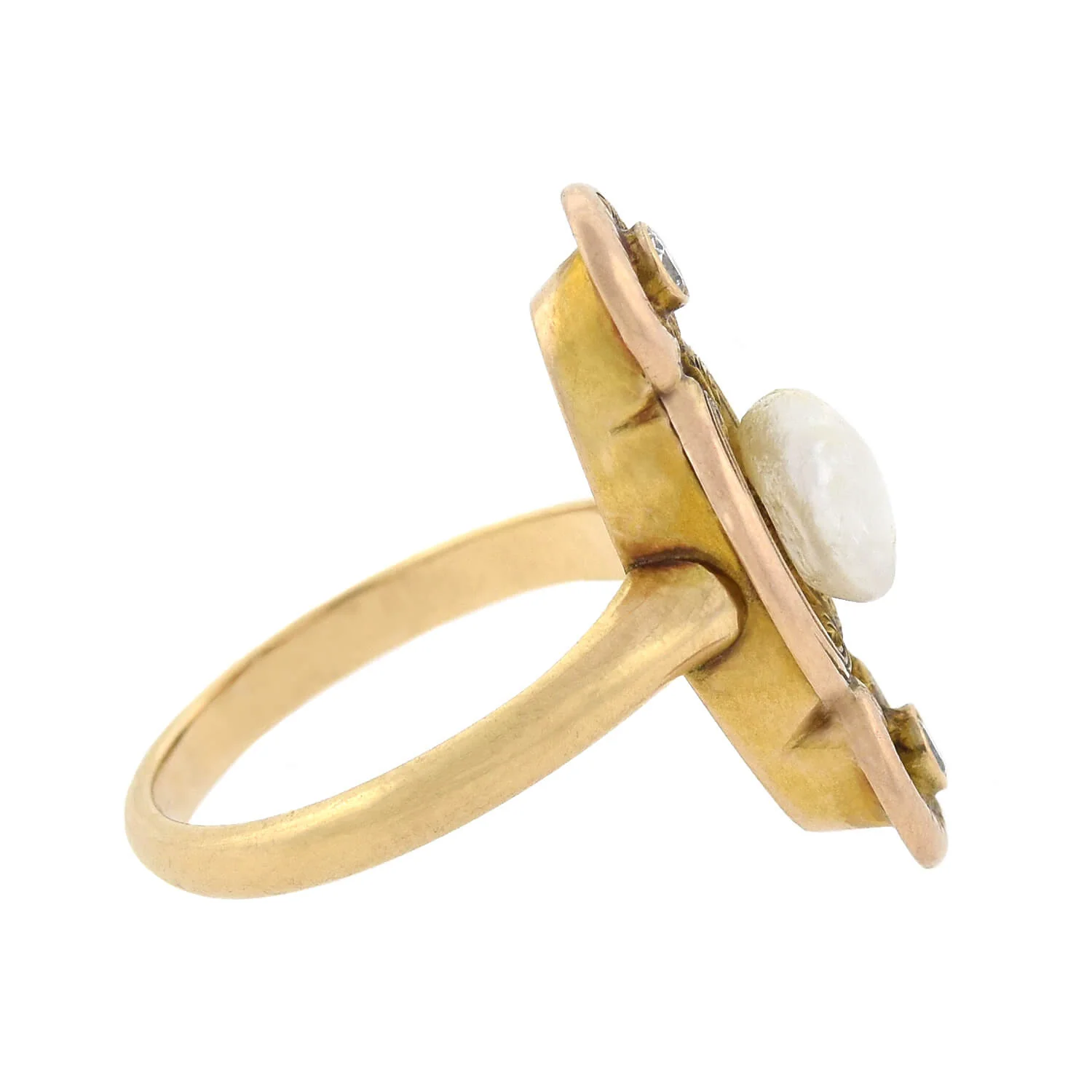 Art Nouveau 14kt Natural Pearl + Diamond Ring 0.10ctw - Image 2