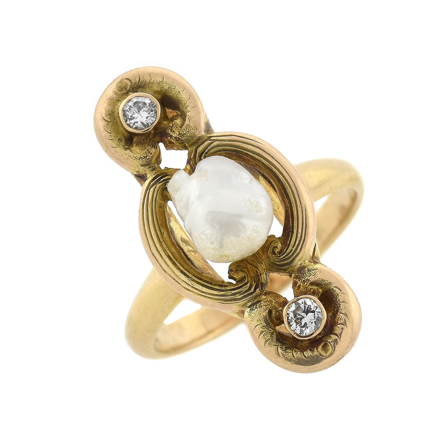 Art Nouveau 14kt Natural Pearl + Diamond Ring 0.10ctw - Image 4
