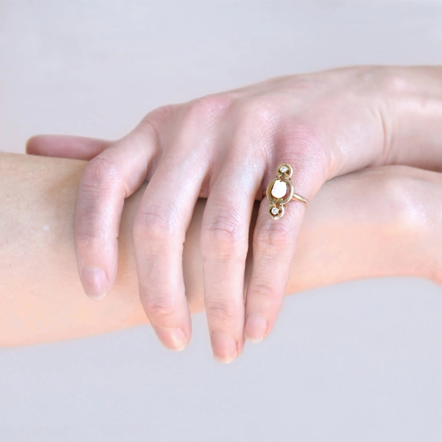 Art Nouveau 14kt Natural Pearl + Diamond Ring 0.10ctw - Image 6