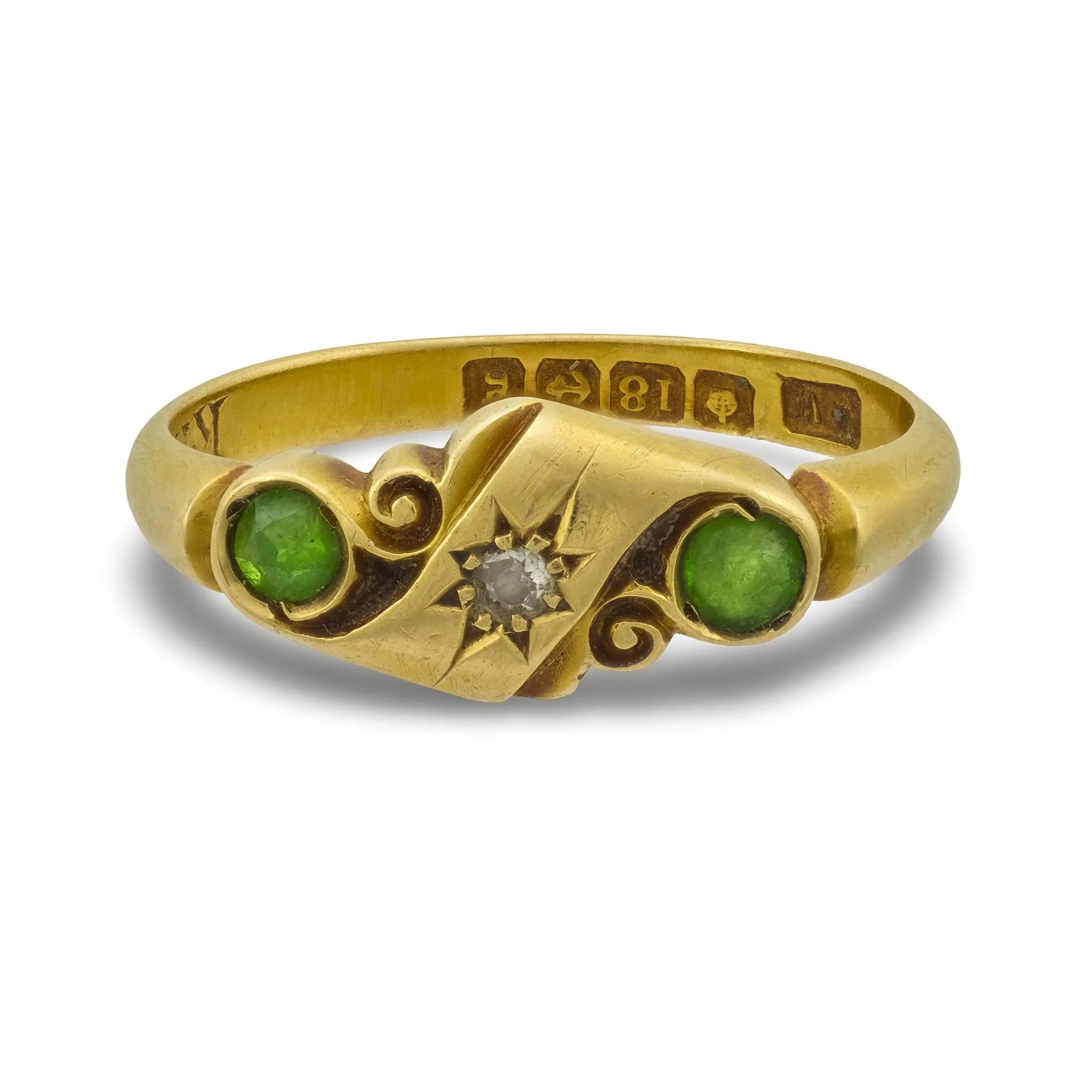 Art Nouveau English 18k Demantoid Garnet & Diamond Ring - Image 2