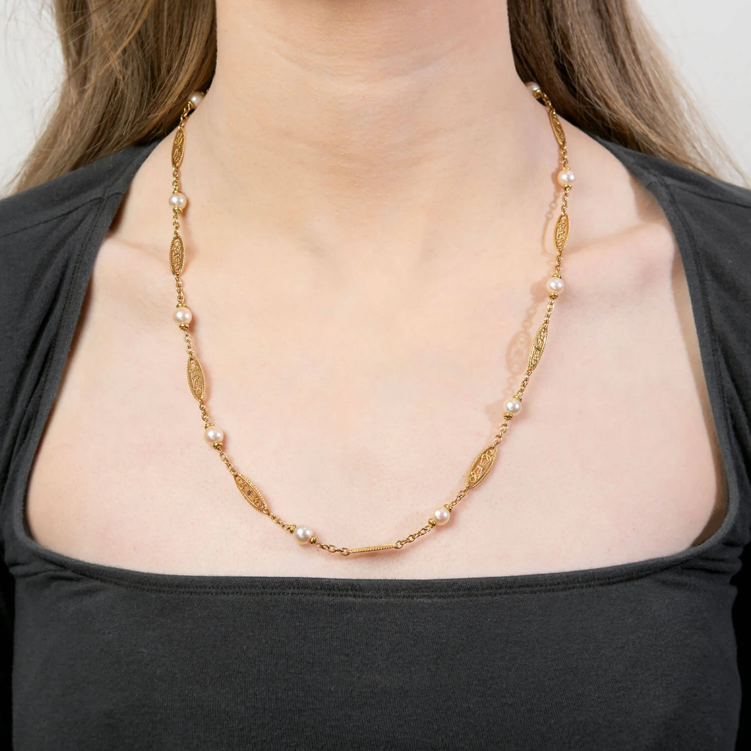 Art Nouveau Filigree French 18k Pearl Chain 23" - Image 5