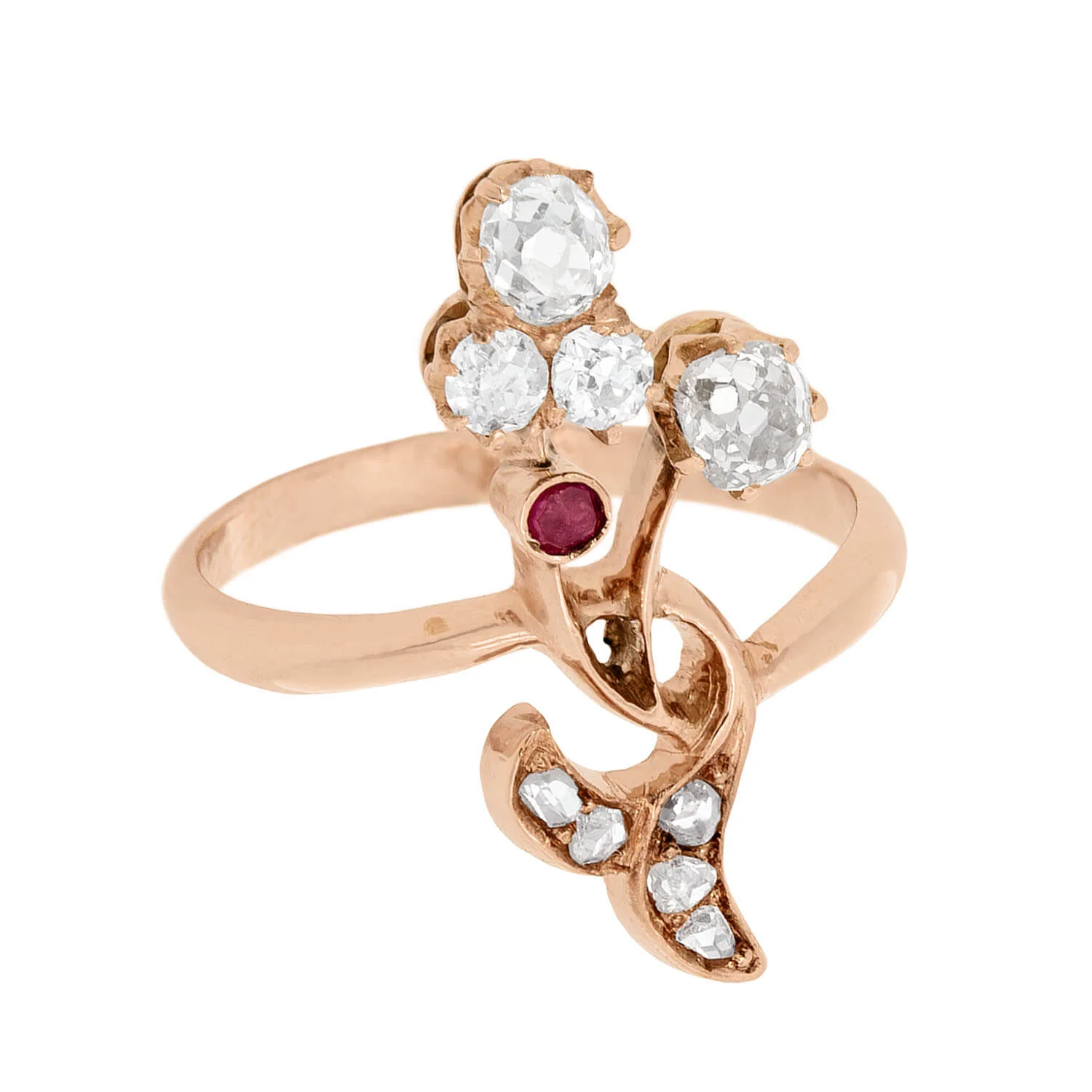 Art Nouveau Imperial Russian 14k Diamond and Ruby Flower Bouquet Ring - Image 2