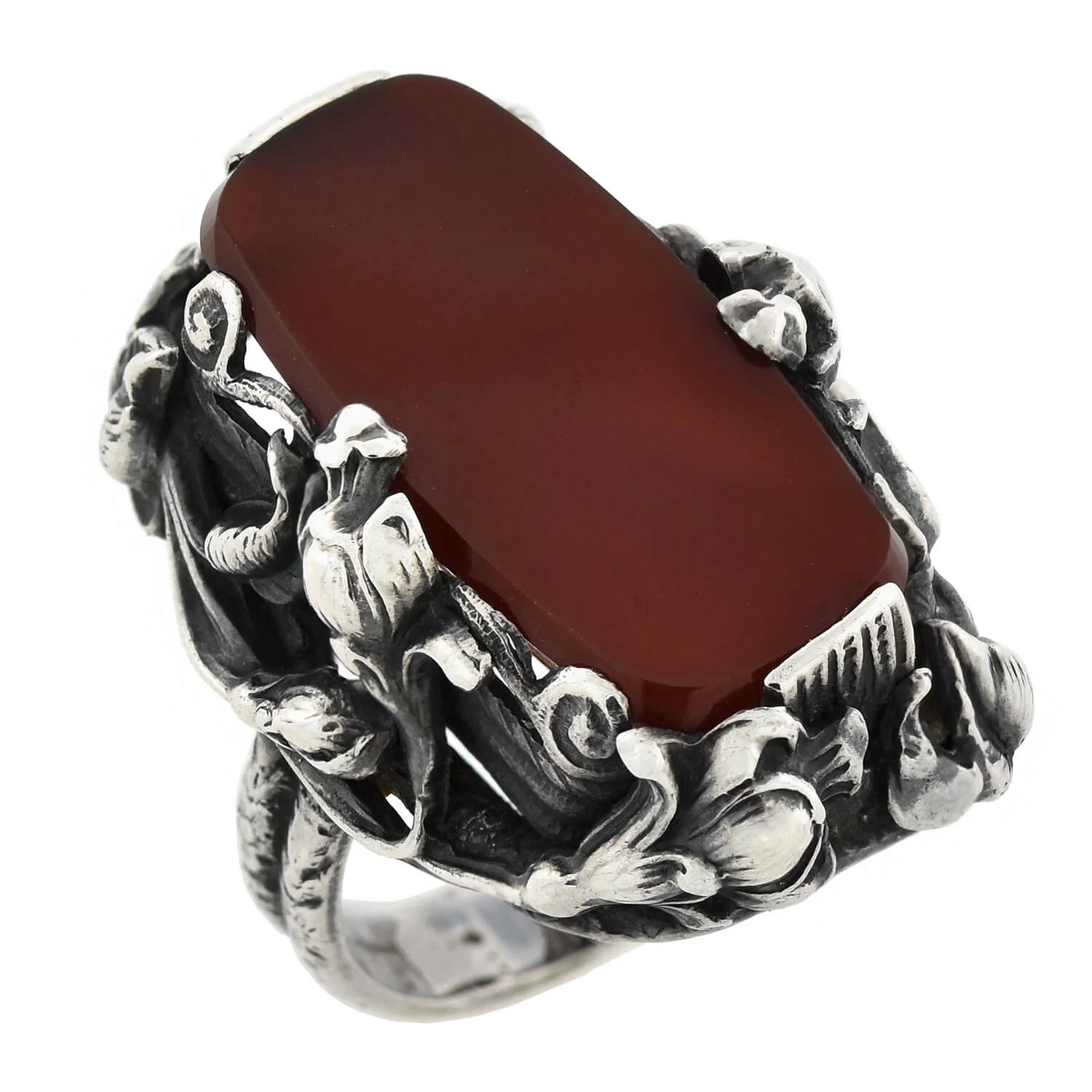 Art Nouveau Large Sterling Carnelian Plaque + Floral Motif Ring - Image 4