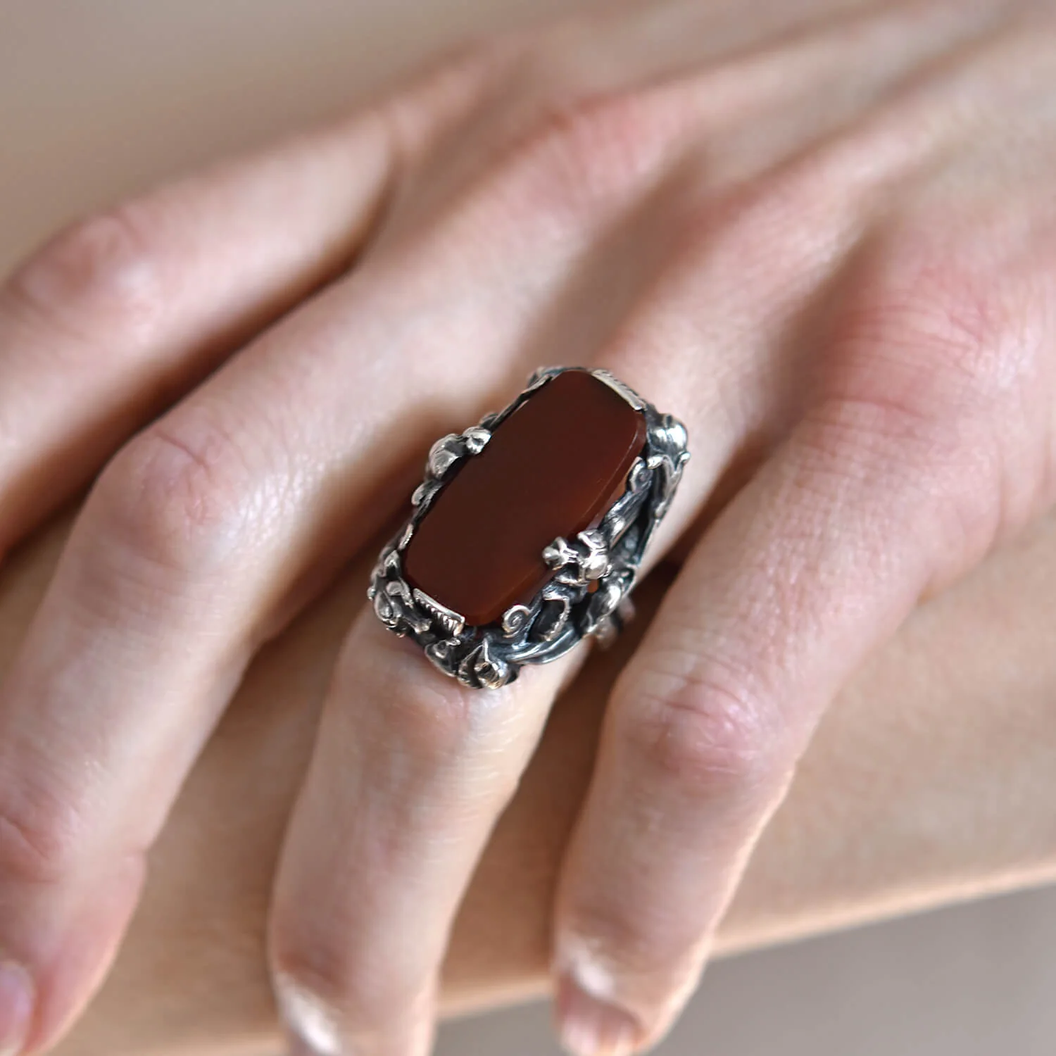 Art Nouveau Large Sterling Carnelian Plaque + Floral Motif Ring - Image 7