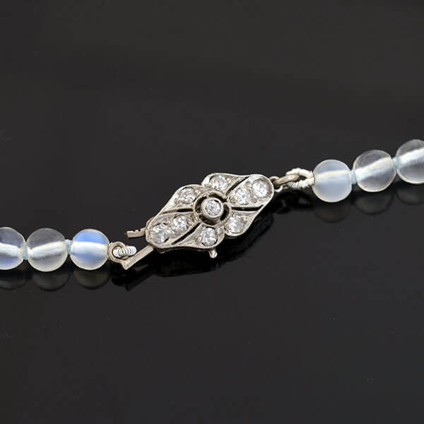 Art Nouveau Blue Moonstone Bead + Platinum Diamond Filigree Clasp Necklace 31.5" - Image 6