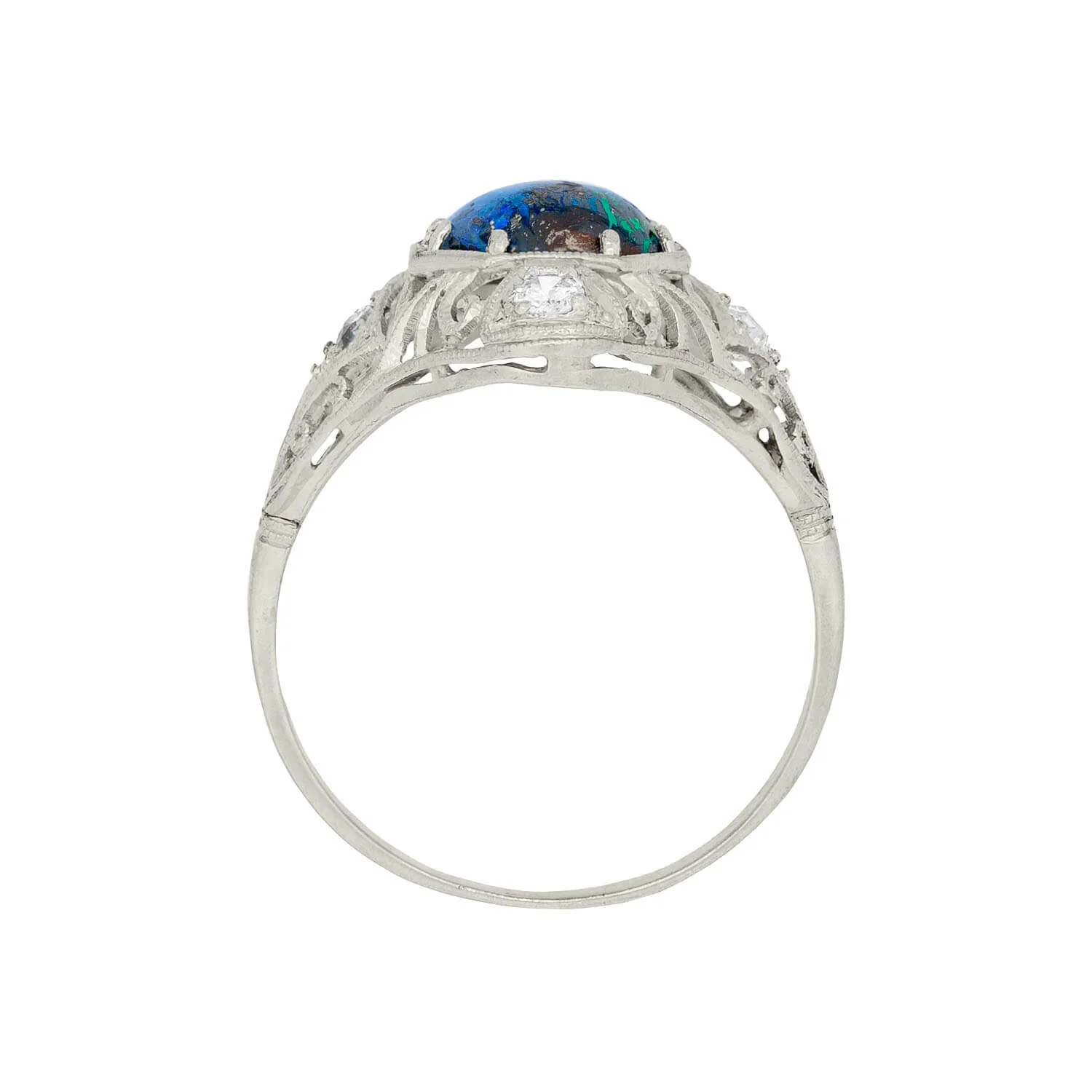 Art Nouveau Platinum Opal and Diamond Filigree Ring - Image 2