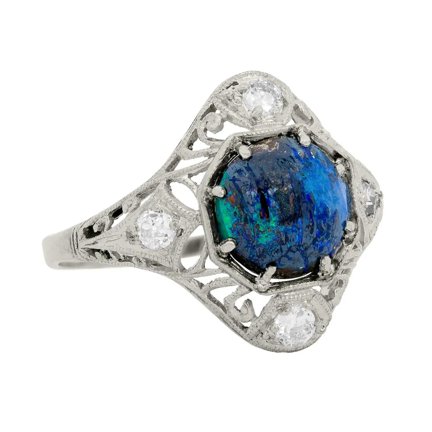 Art Nouveau Platinum Opal and Diamond Filigree Ring - Image 3