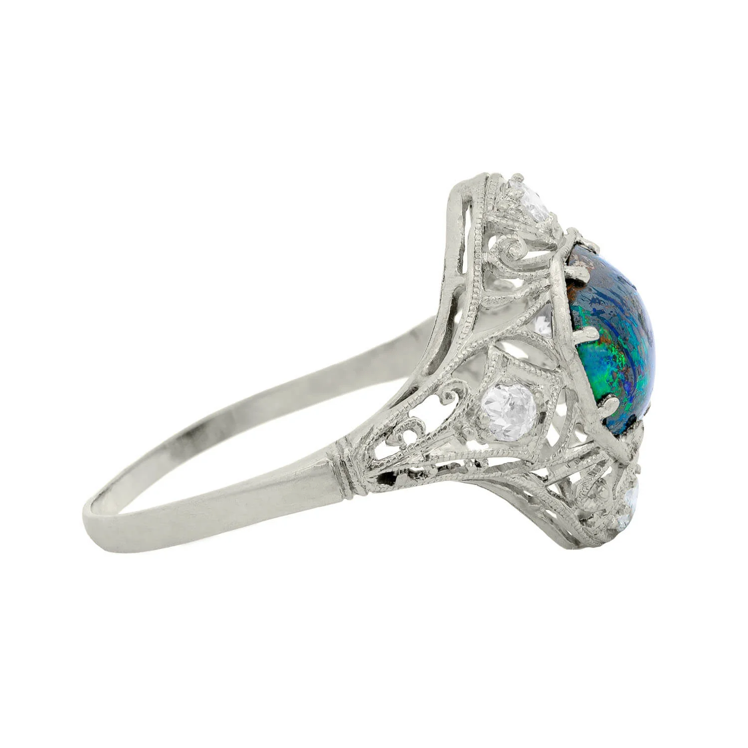 Art Nouveau Platinum Opal and Diamond Filigree Ring - Image 4