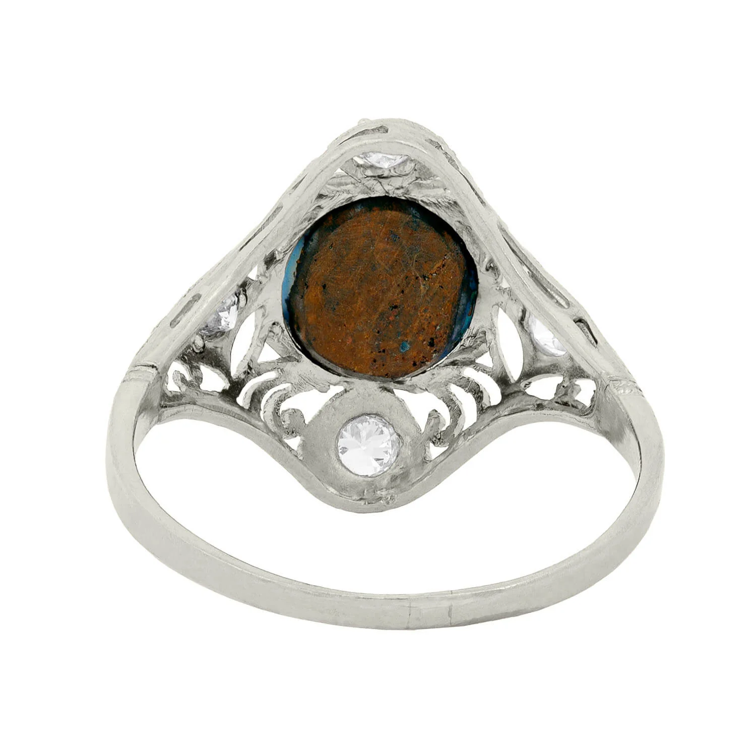Art Nouveau Platinum Opal and Diamond Filigree Ring - Image 5
