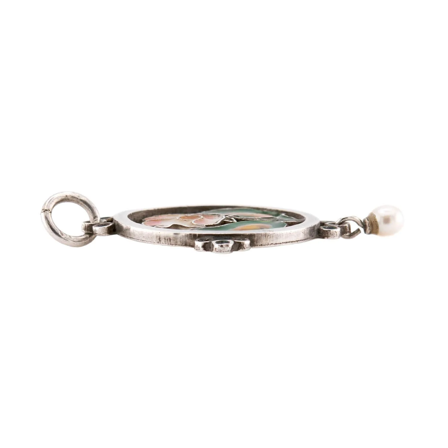 Art Nouveau Sterling Silver Enamel & Pearl Floral-Motif Pendant/Charm - Image 2
