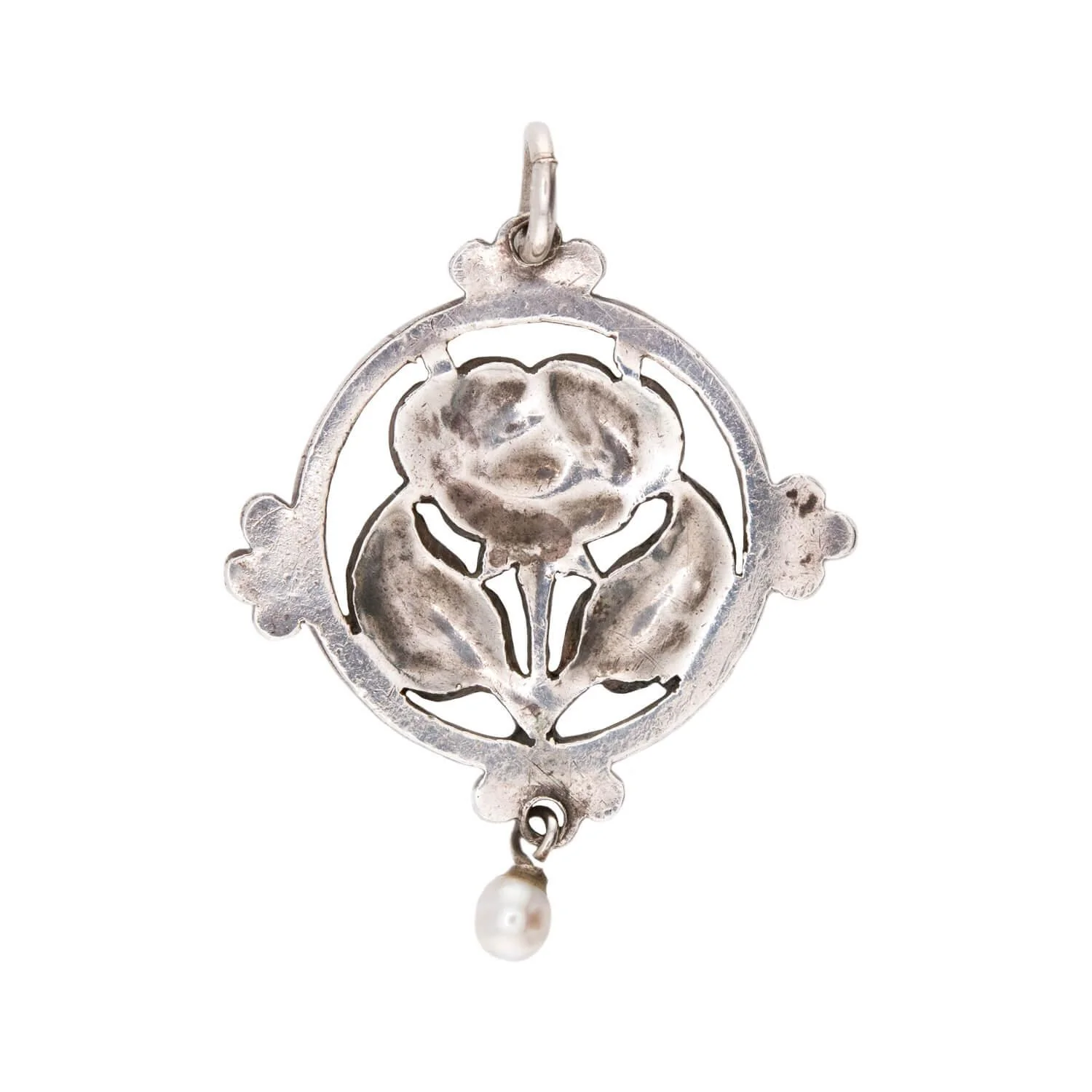 Art Nouveau Sterling Silver Enamel & Pearl Floral-Motif Pendant/Charm - Image 3