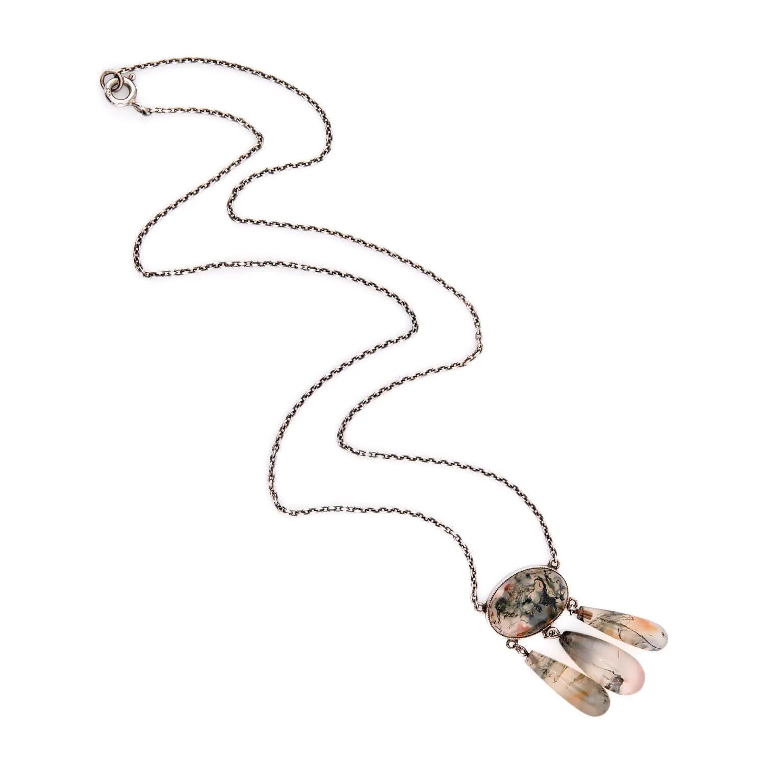 Art Nouveau Sterling Silver Moss Agate Pendant Necklace - Image 2