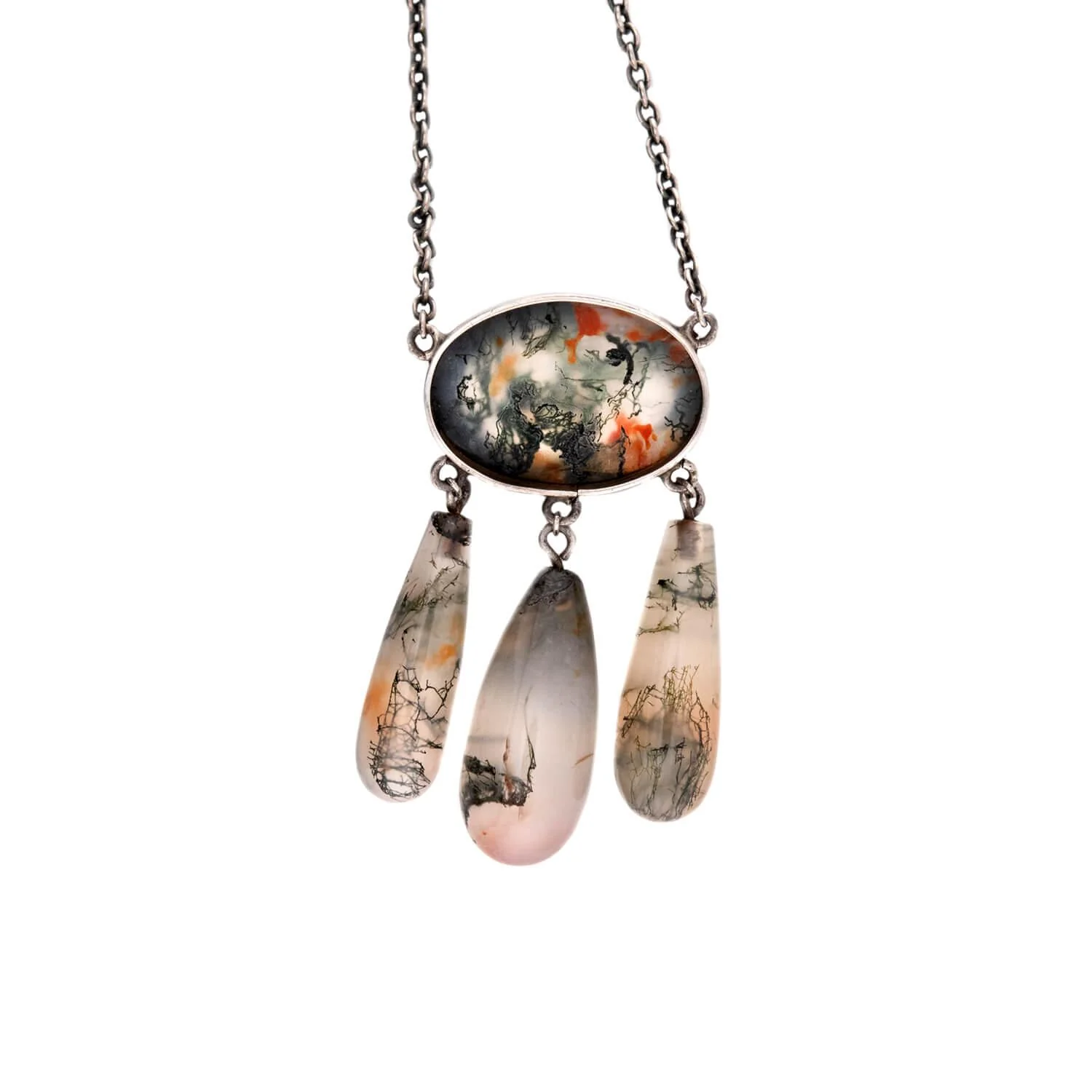 Art Nouveau Sterling Silver Moss Agate Pendant Necklace - Image 4