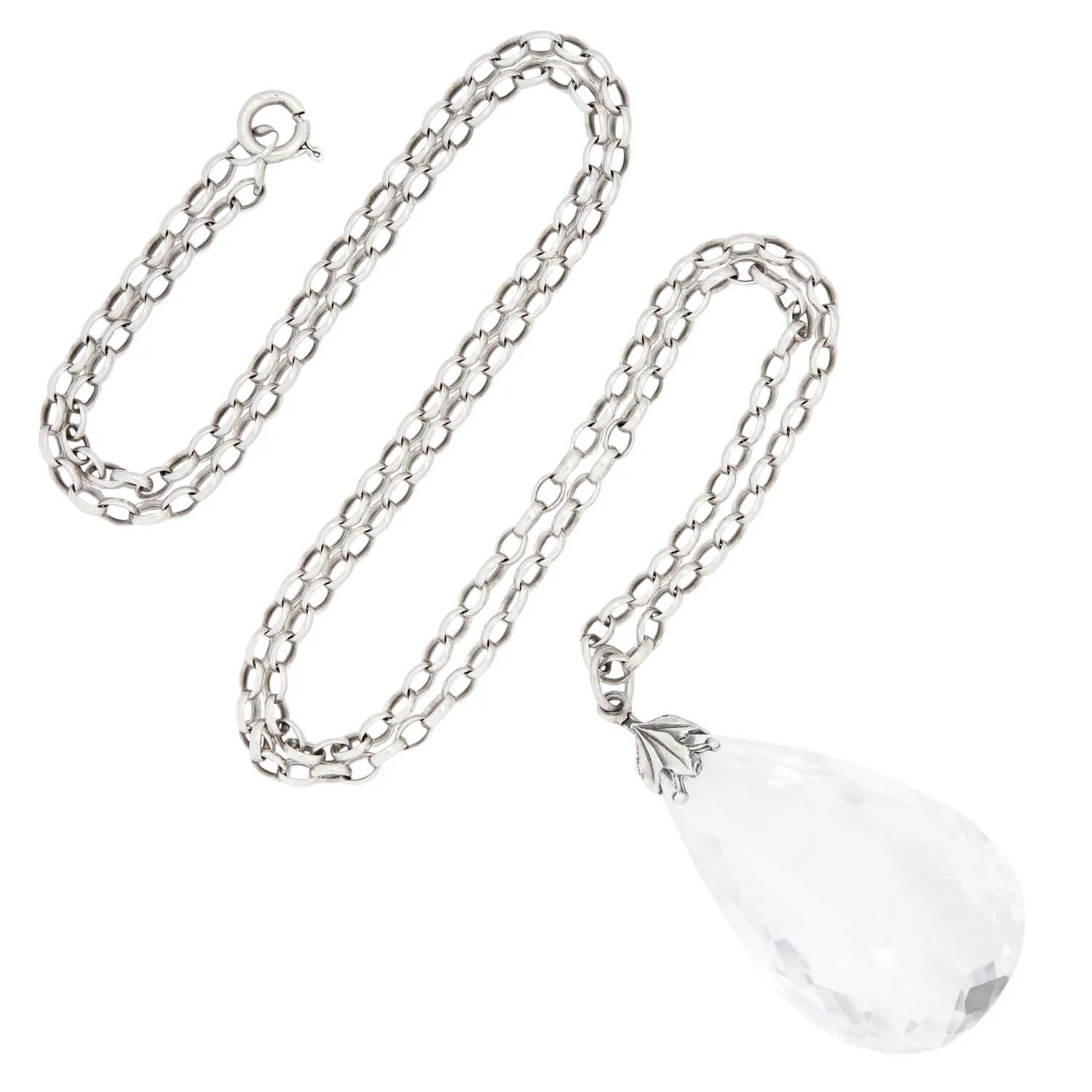 Arts and Crafts Sterling Silver and Rock Quartz Crystal Teardrop Pear Pendant Necklace - Image 2