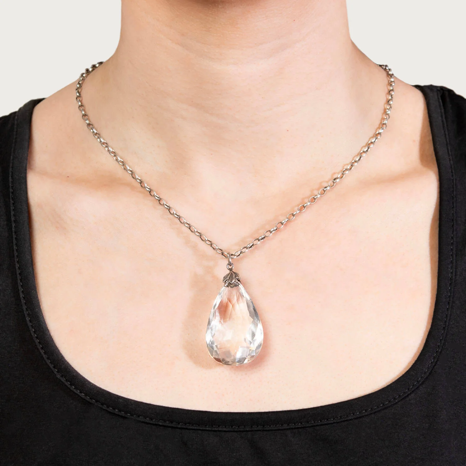 Arts and Crafts Sterling Silver and Rock Quartz Crystal Teardrop Pear Pendant Necklace - Image 5