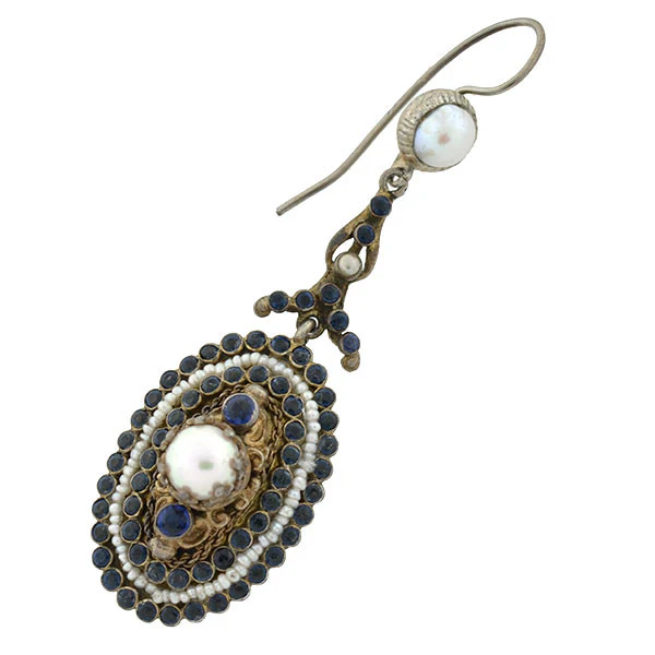 Arts & Crafts Era Austro-Hungarian Sterling Gilt Faux Sapphire & Pearl Earrings - Image 3