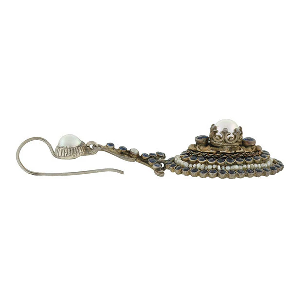 Arts & Crafts Era Austro-Hungarian Sterling Gilt Faux Sapphire & Pearl Earrings - Image 4
