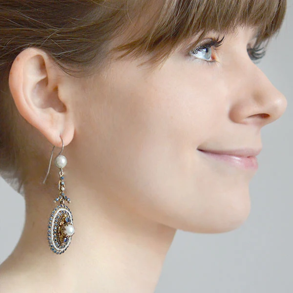 Arts & Crafts Era Austro-Hungarian Sterling Gilt Faux Sapphire & Pearl Earrings - Image 6